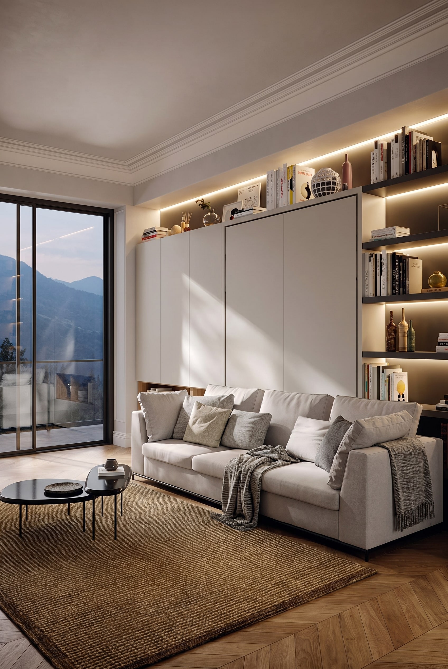 Jugendzimmer mit einem hellgrauen Wandbett, das im hochgeklappten Zustand ein komfortables anthrazitfarbenes Sofa präsentiert