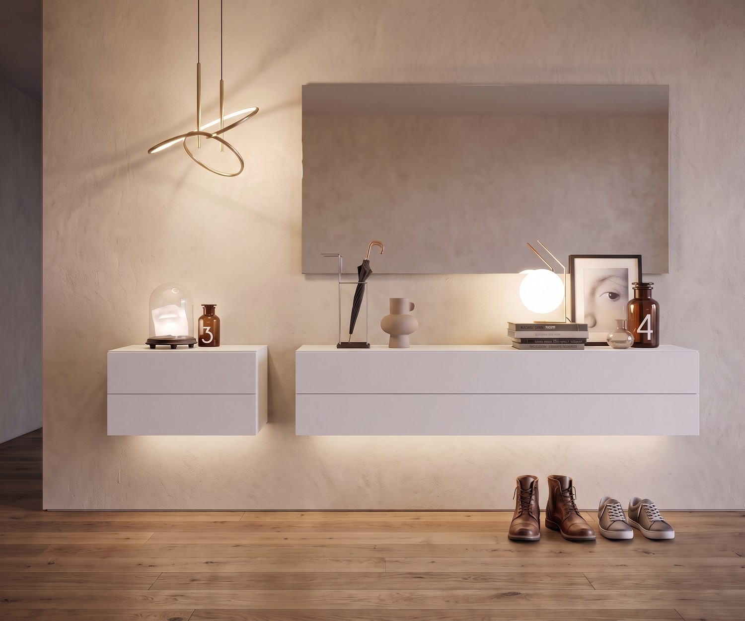 Commode Suspendue Novamobili Easy Blanche Lumineuse Commode suspendue Novamobili Easy pour l'entrée, buffet mural blanc avec éclairage LED dans un hall moderne.
