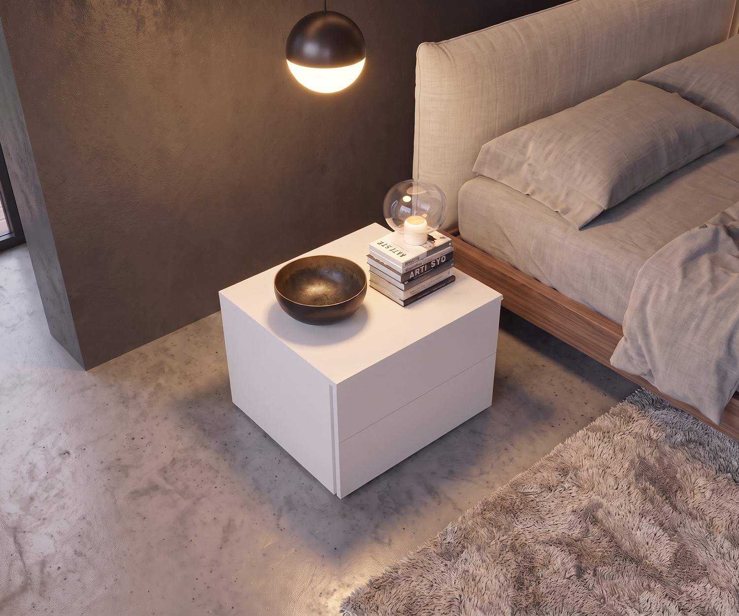 Table de chevet Livitalia Atena avec tiroirs pour la chambre, table de nuit blanche moderne à côté d'un lit beige