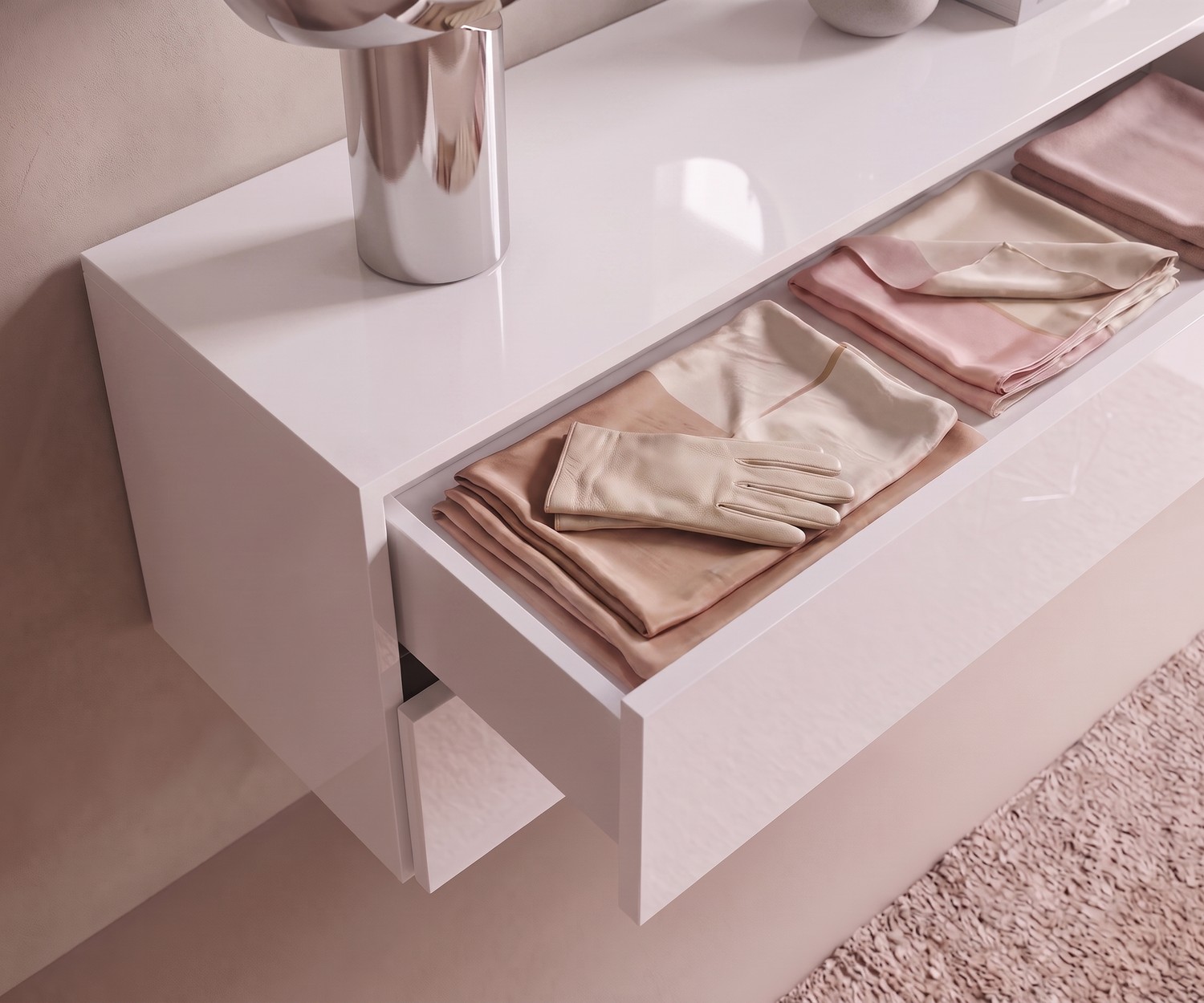 Commode suspendue Novamobili Easy blanche brillante pour chambre chic, design italien moderne avec tiroir ouvert.
