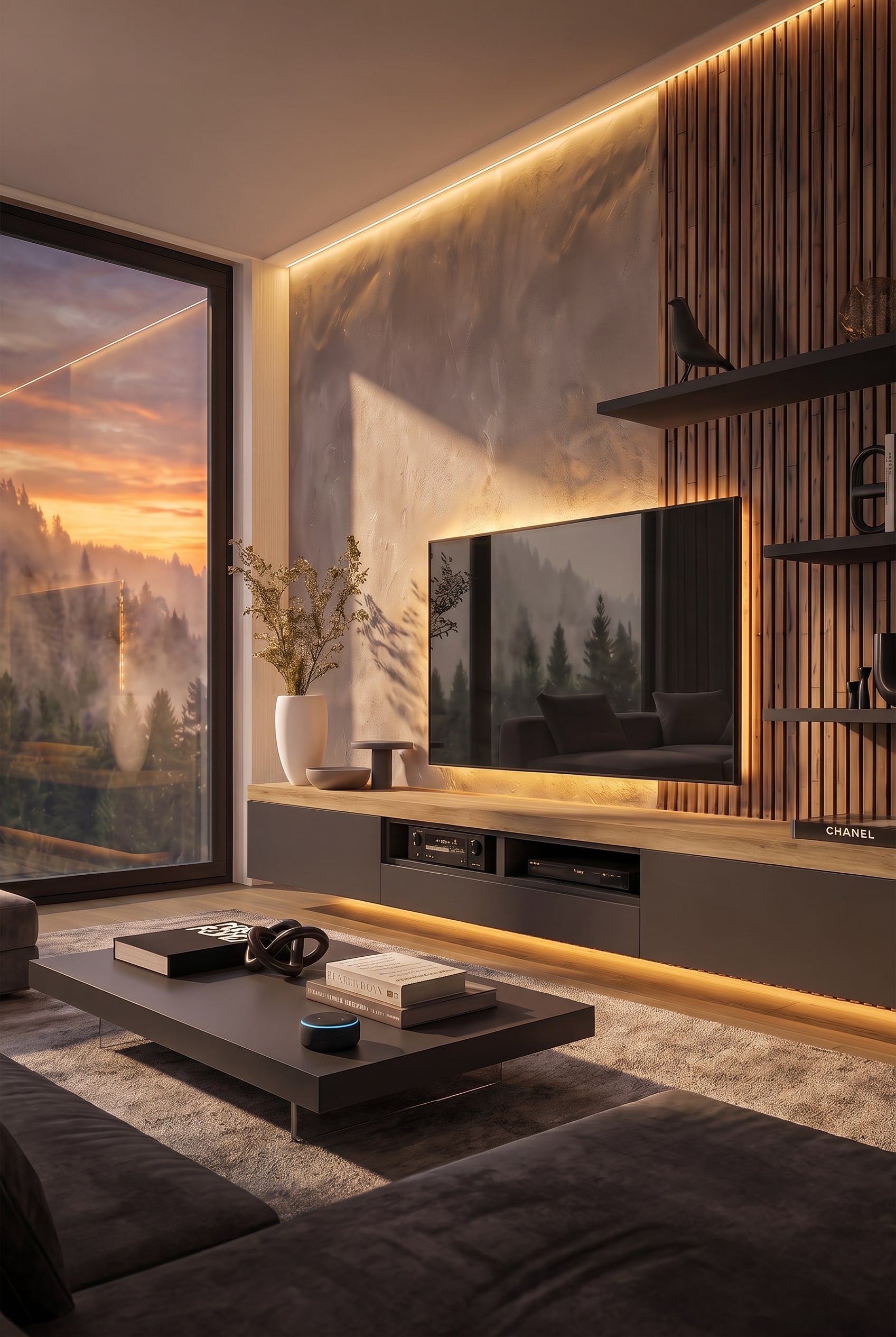 Salon moderne avec lowboard gris fonc&eacute;, &eacute;l&eacute;ments en bois de ch&ecirc;ne et panneaux muraux chaleureusement &eacute;clair&eacute;s