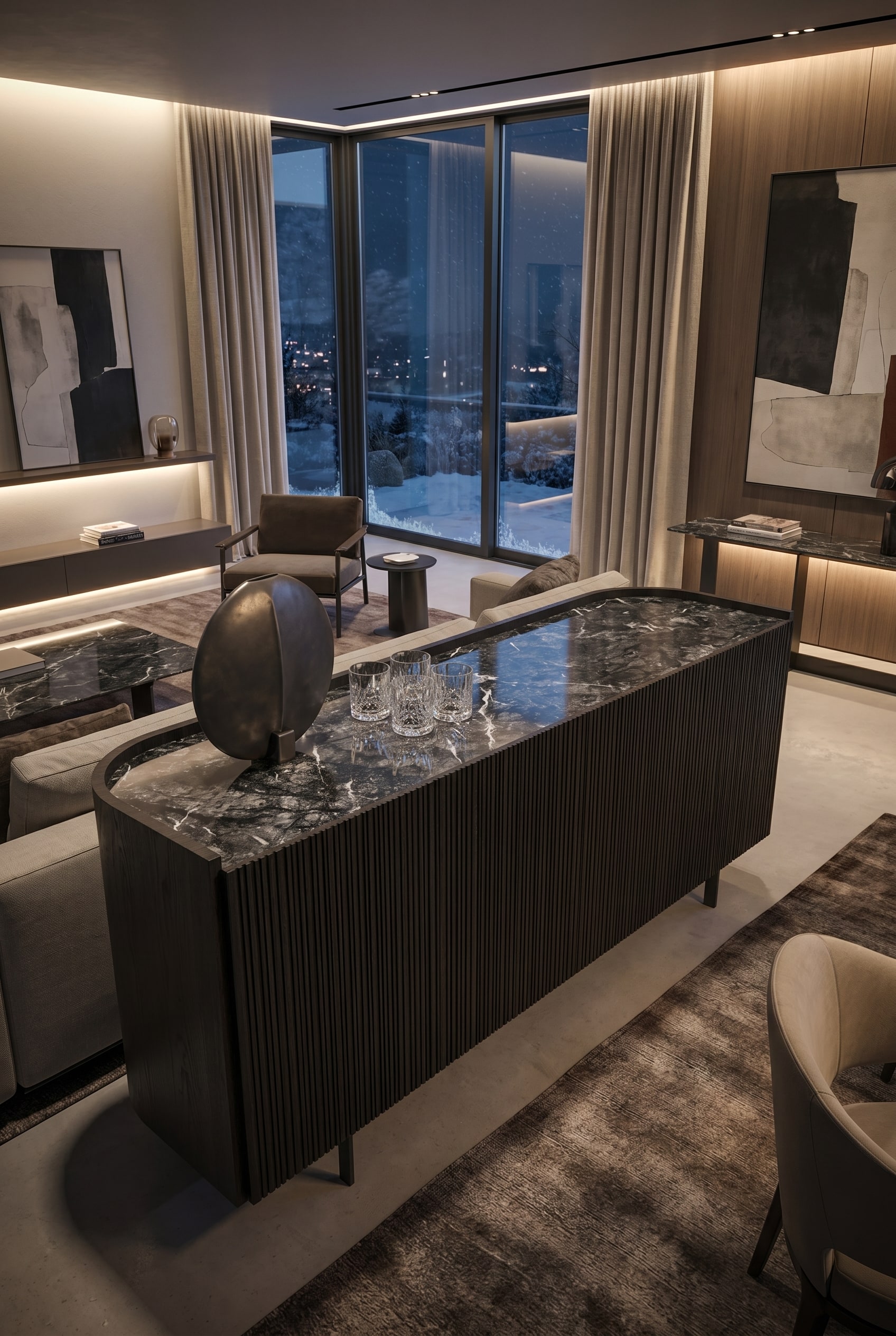Salon moderne avec un highboard ovale en bois, fonc&eacute; et cannel&eacute;, utilis&eacute; comme bar, lumi&egrave;re douce d'hiver