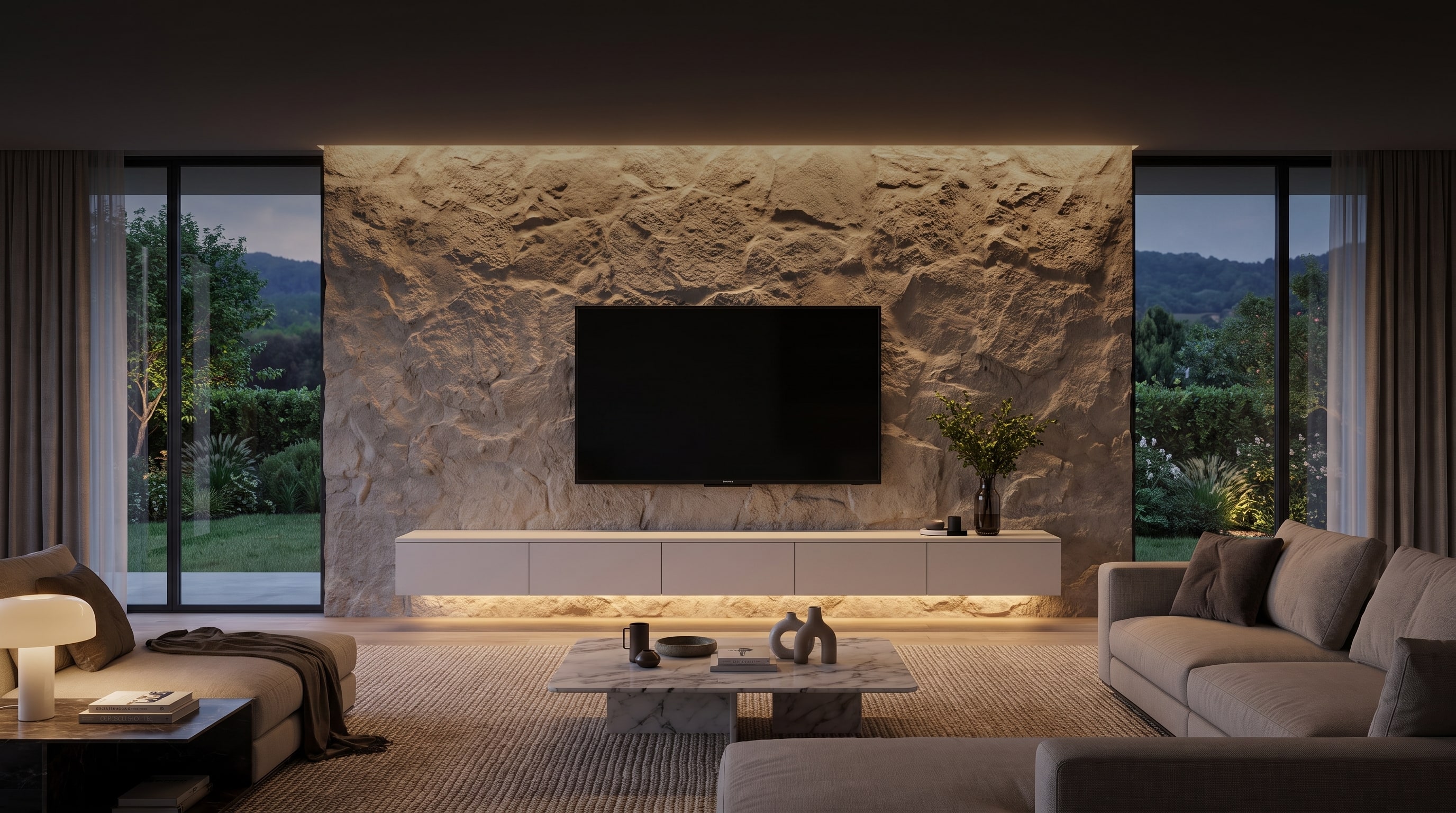 8 Ideen für eine Steinwand hinter dem Fernseher mit LED-Hinterleuchtung 8 Ideen für eine Steinwand hinter dem Fernseher mit LED-Hinterleuchtung