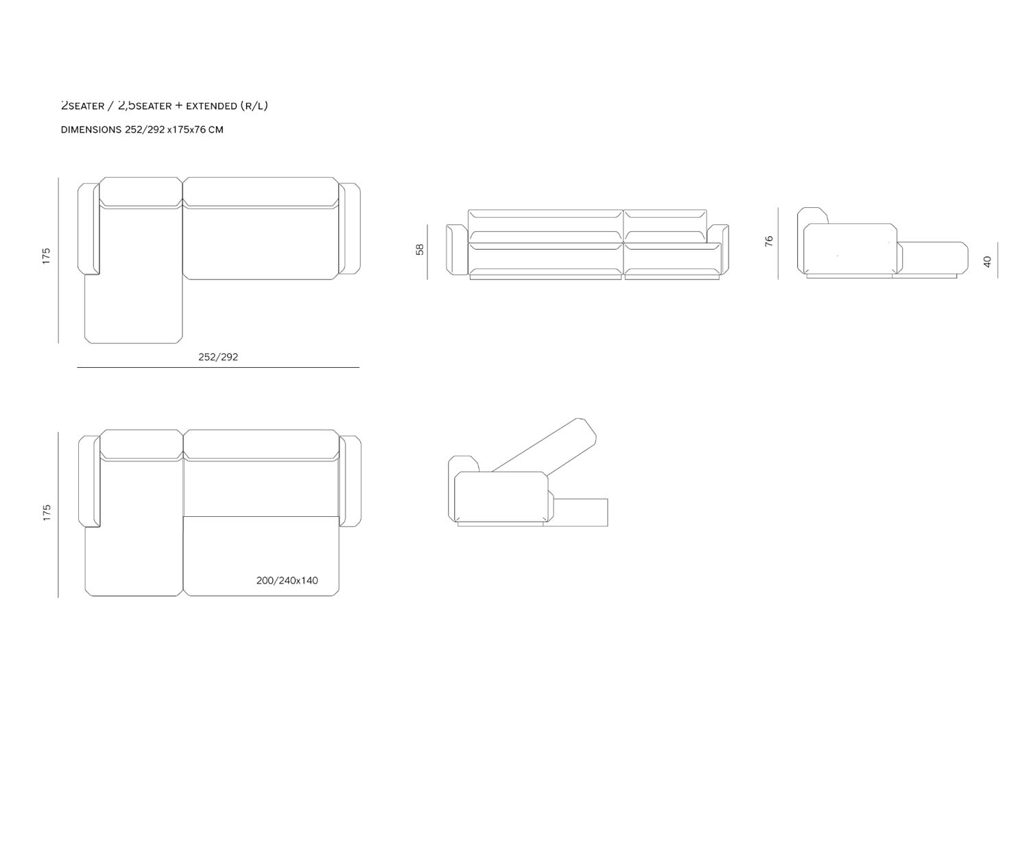 Prostoria Design slaapbank Fade 2,5 zits Sketch Afmetingen