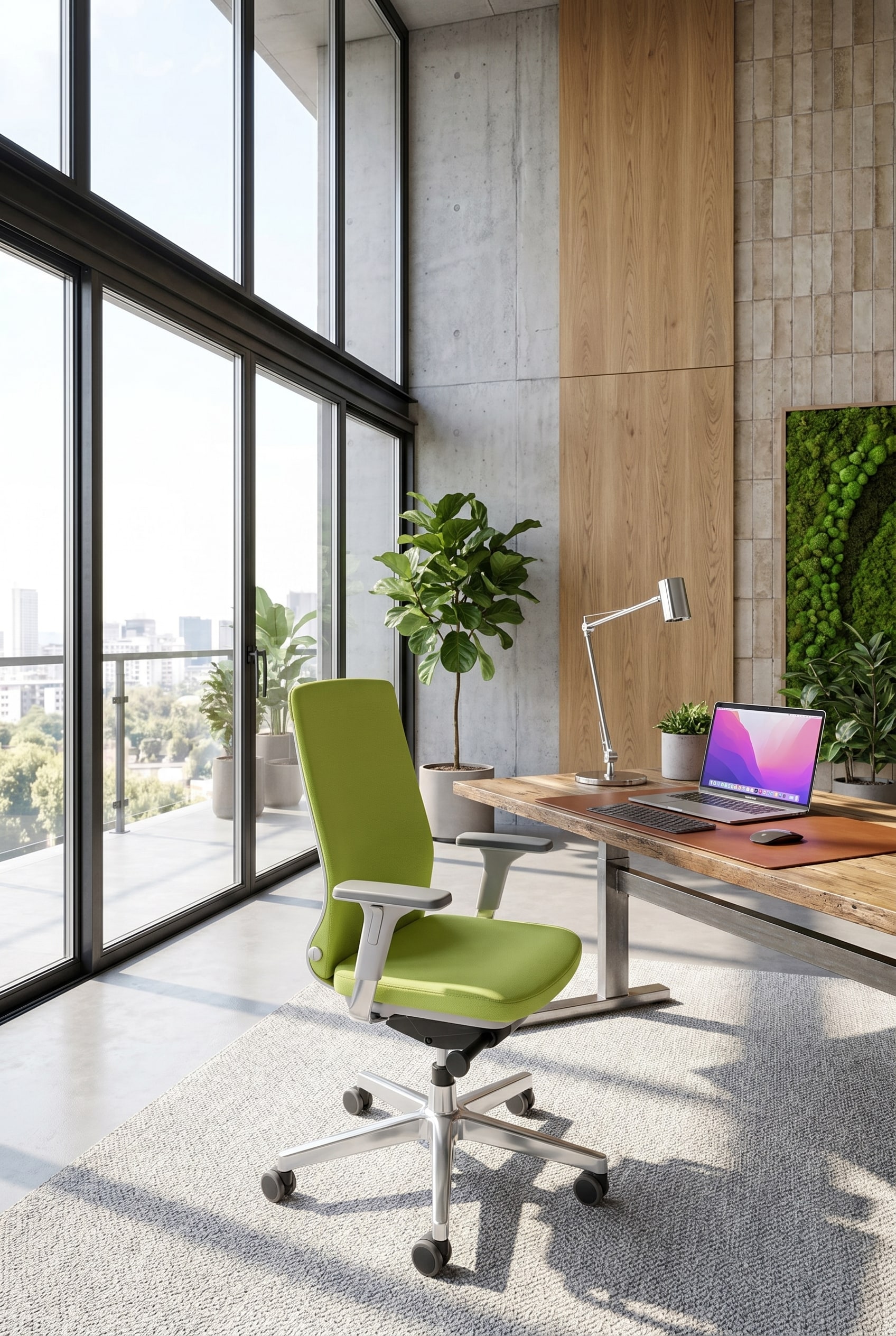 Fauteuil de bureau ergonomique minimaliste avec dossier en maille devant des fen&ecirc;tres pleine hauteur dans un bureau de direction lumineux