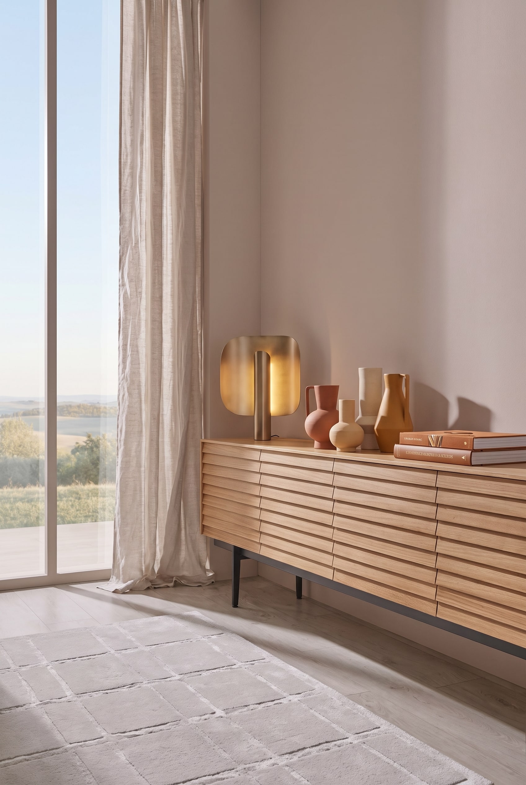 Salon minimaliste avec un buffet en chêne à façade lamellée et une lampe de table à lumière chaude
