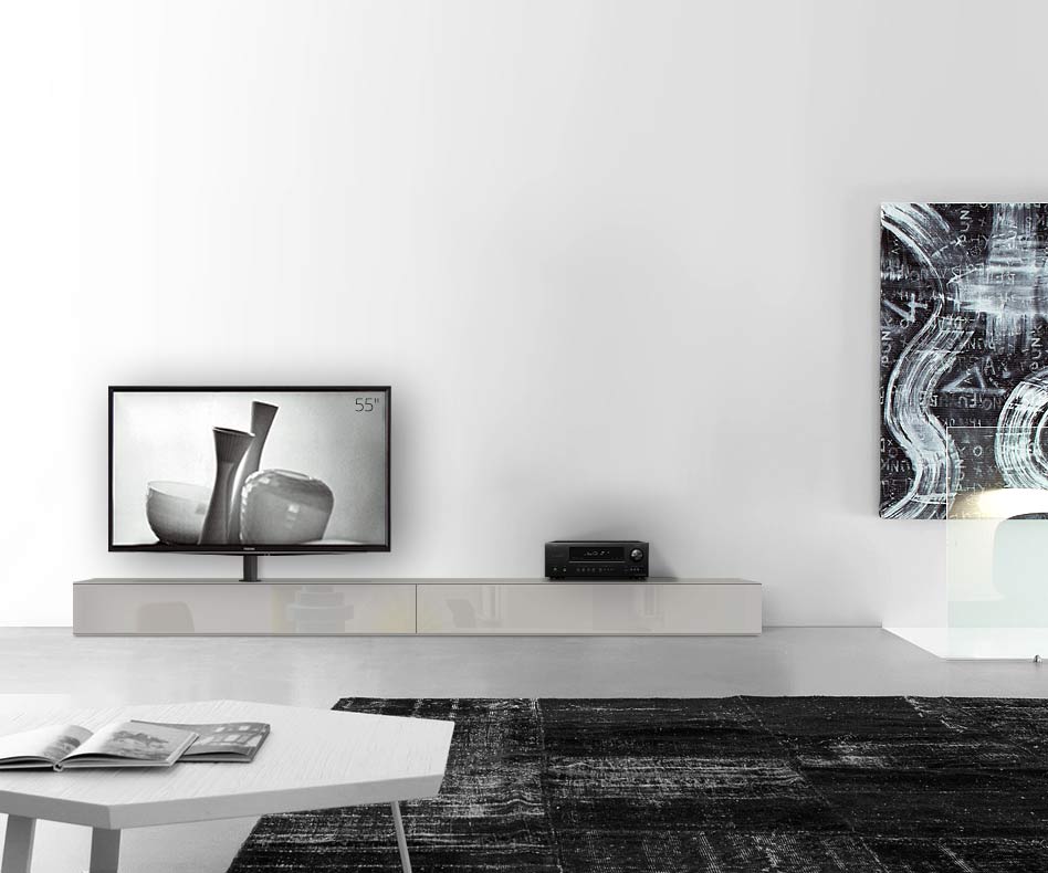 Design lowboard configurator met TV-houder basisbreedte 300 25,5 45 links glanzend lichtgrijs