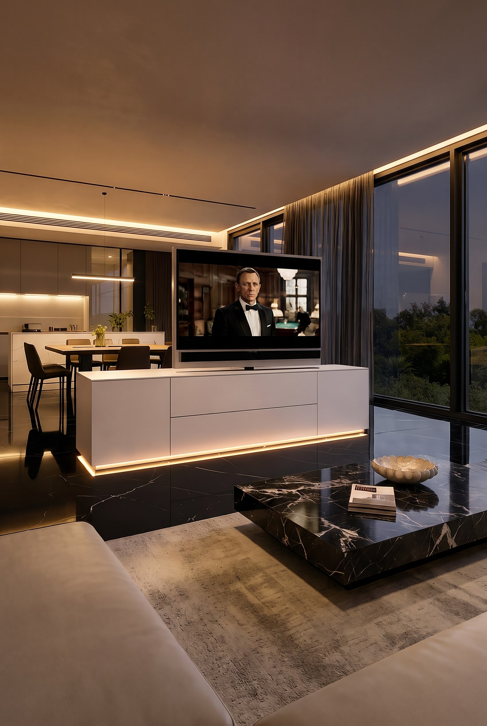 Espace de vie ouvert avec buffet séparateur de pièce blanc, panneau TV rotatif et table en marbre foncé