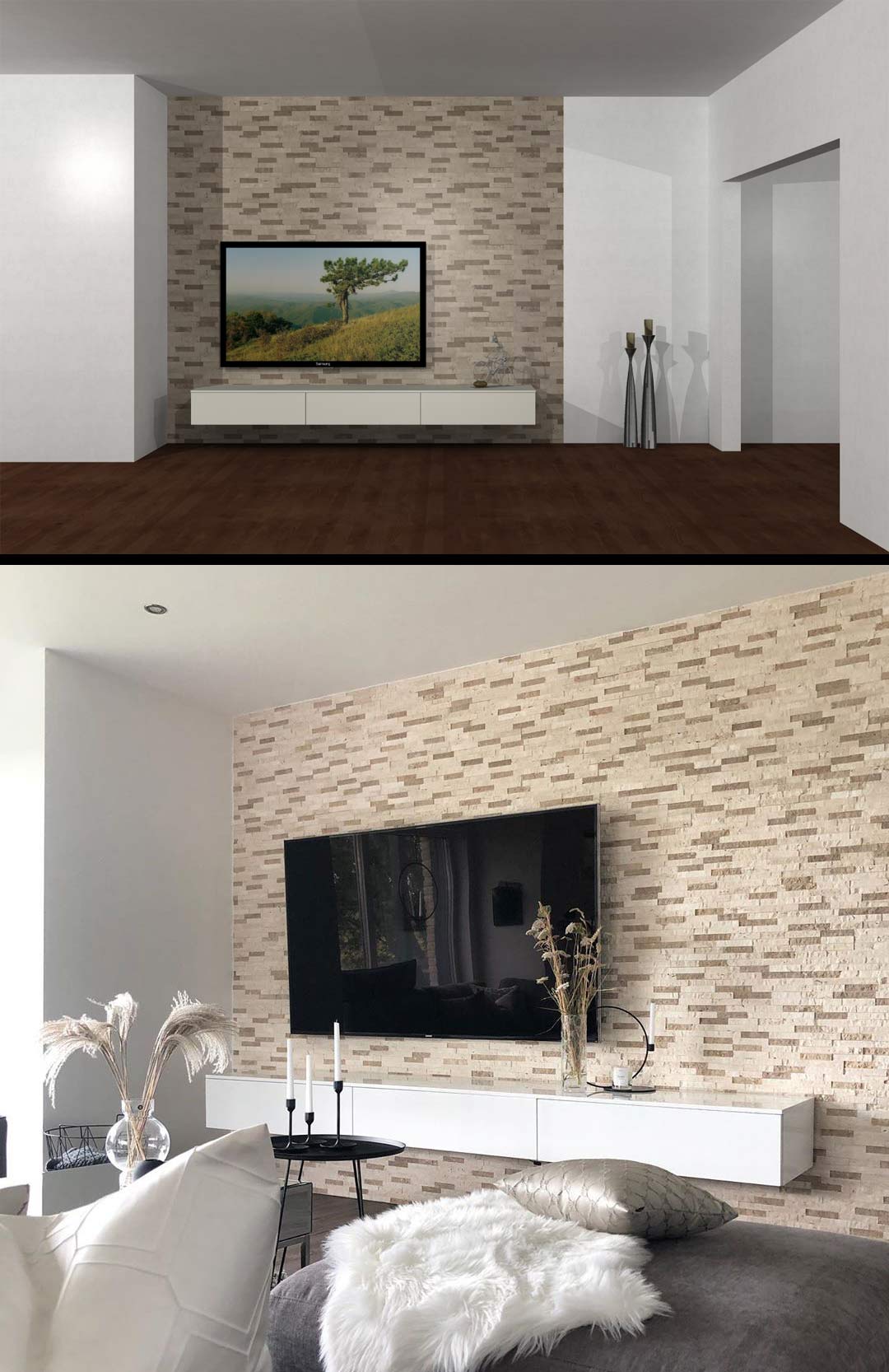 TV Lowboard blanc sur mur d'ardoise TV Lowboard blanc sur mur d'ardoise