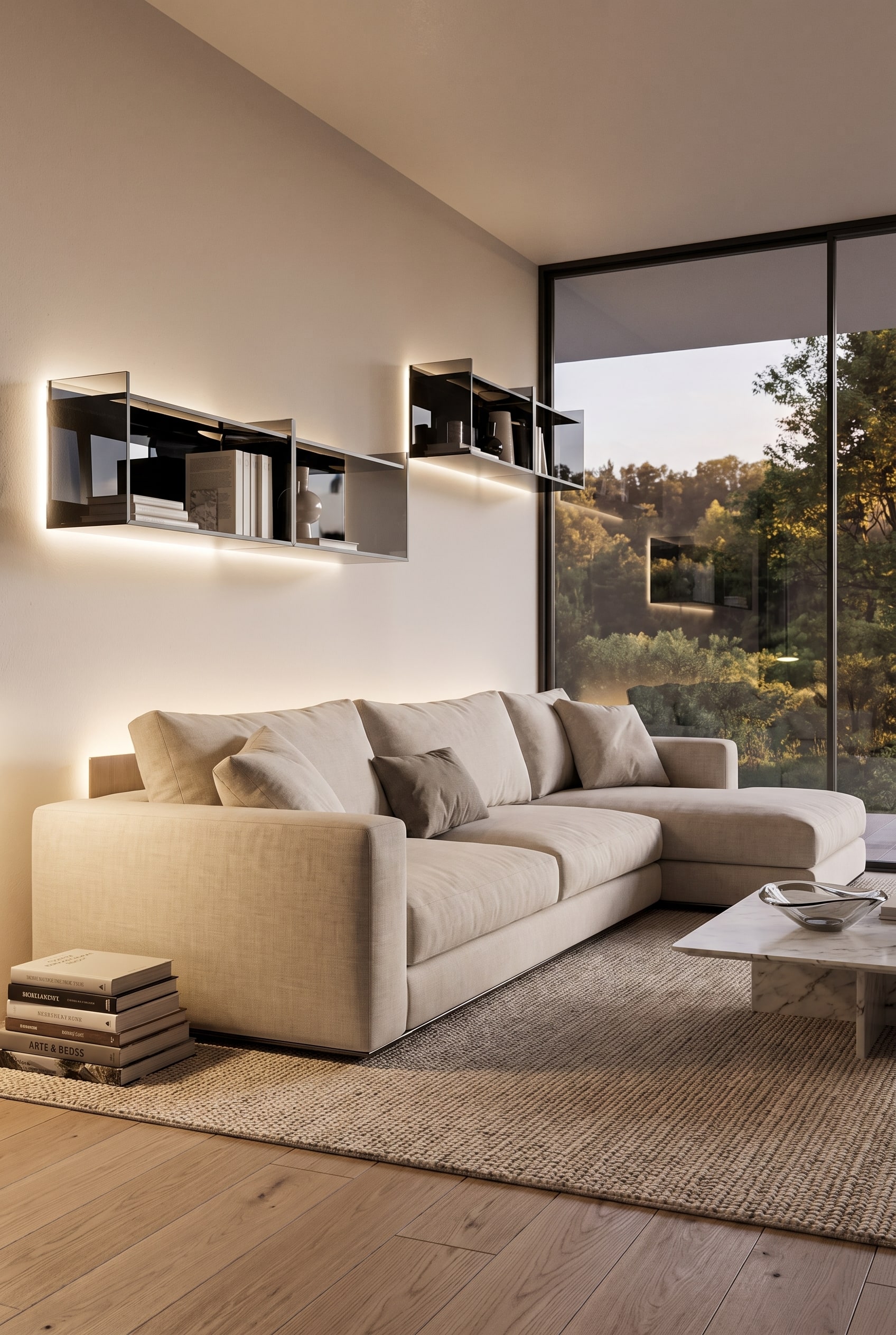 Salon &eacute;l&eacute;gant avec &eacute;tag&egrave;re murale en verre et profils fins en aluminium ainsi qu'un canap&eacute; d'angle