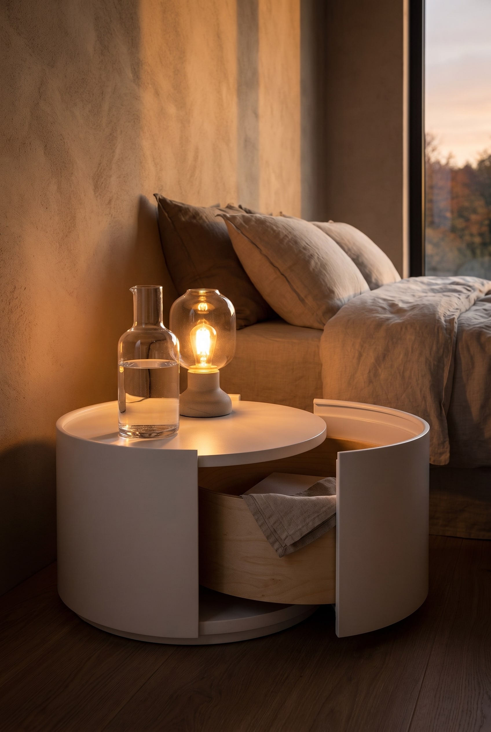 Table de chevet ronde moderne de forme cylindrique avec tiroir sup&eacute;rieur ouvert dans une chambre &agrave; coucher doucement &eacute;clair&eacute;e