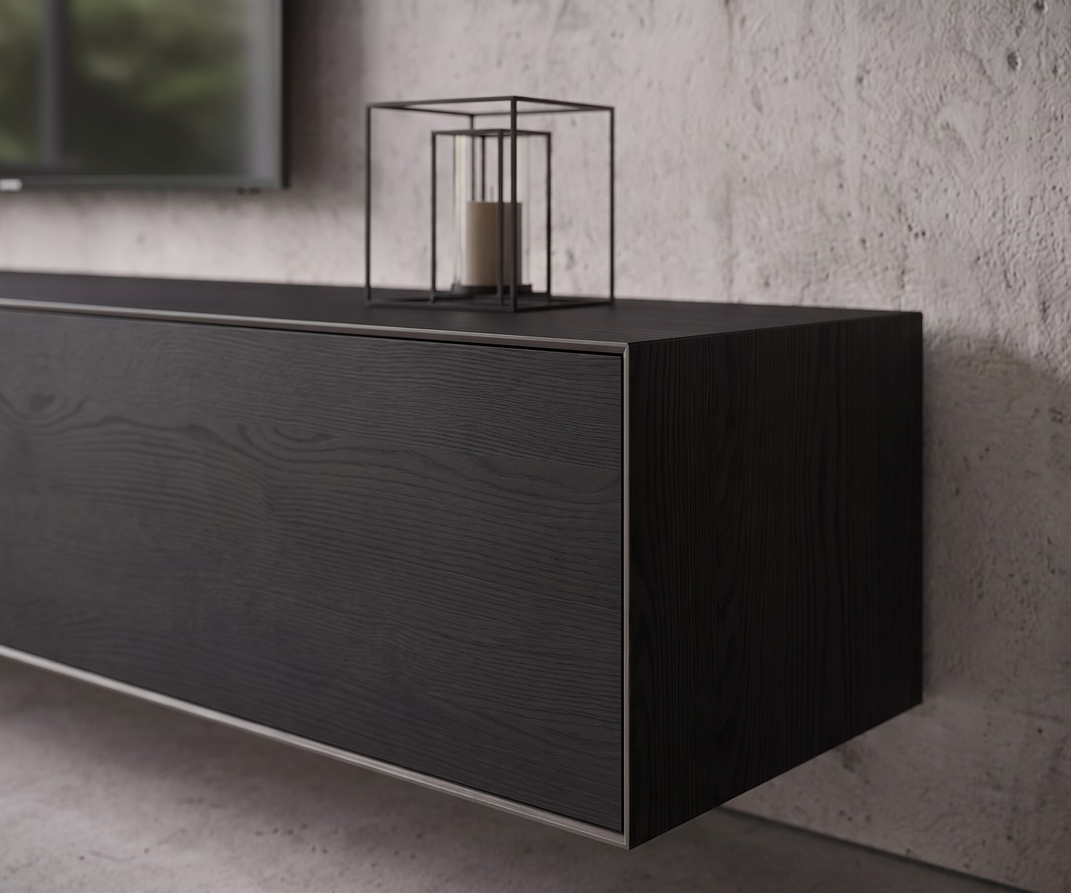 Zwevend lowboard Livitalia Minimal in donker eiken voor een moderne woonkamer met betonnen muur.