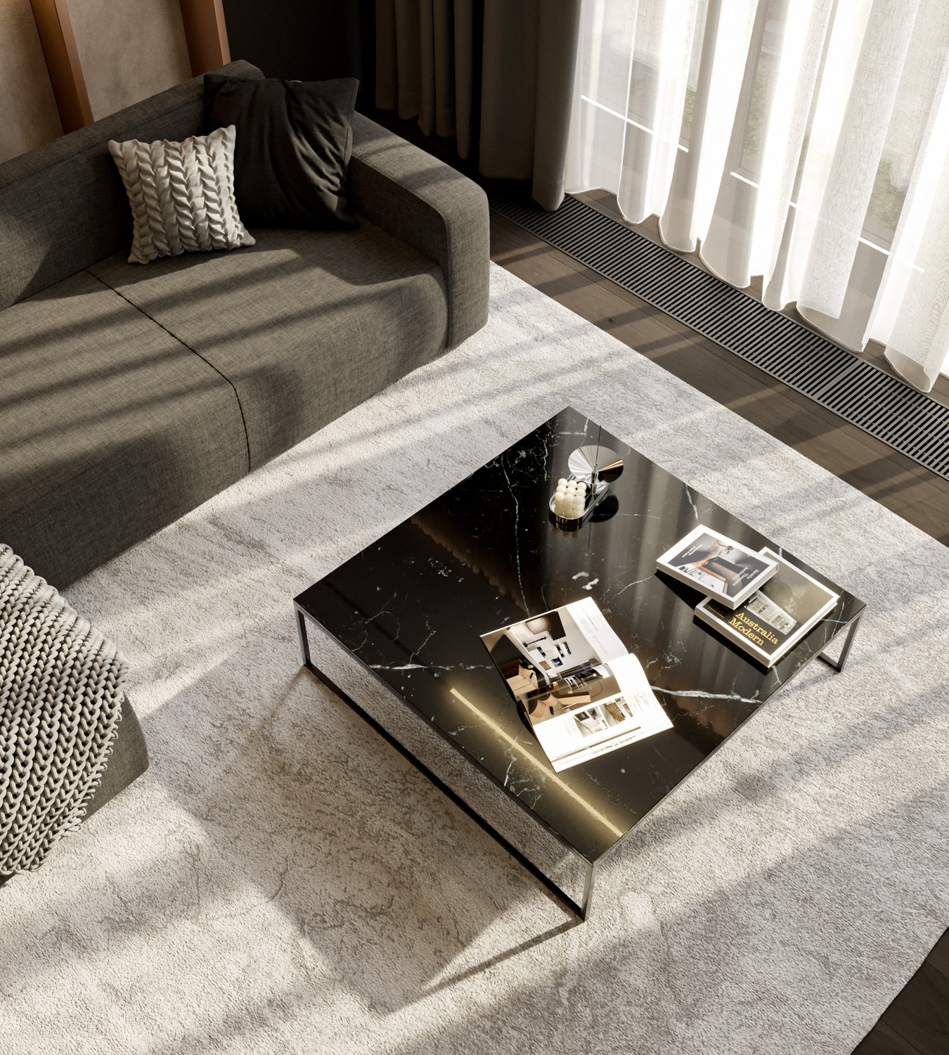 Moderne vierkante marmeren salontafel op lopers Moderne vierkante marmeren salontafel op lopers