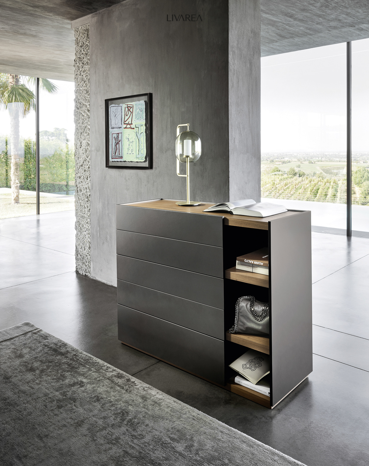 Elegante ladekast met houten bovenkant en drie open vakken Elegante ladekast met houten bovenkant en drie open vakken