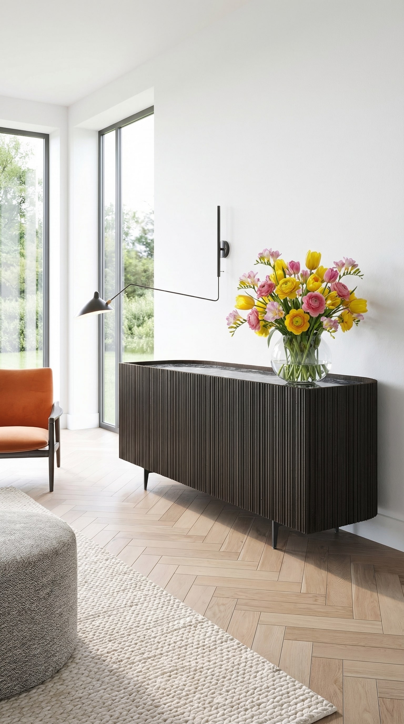 Sideboard sombre et &eacute;l&eacute;gant aux coins arrondis, d&eacute;cor&eacute; d'un vase printanier color&eacute;.