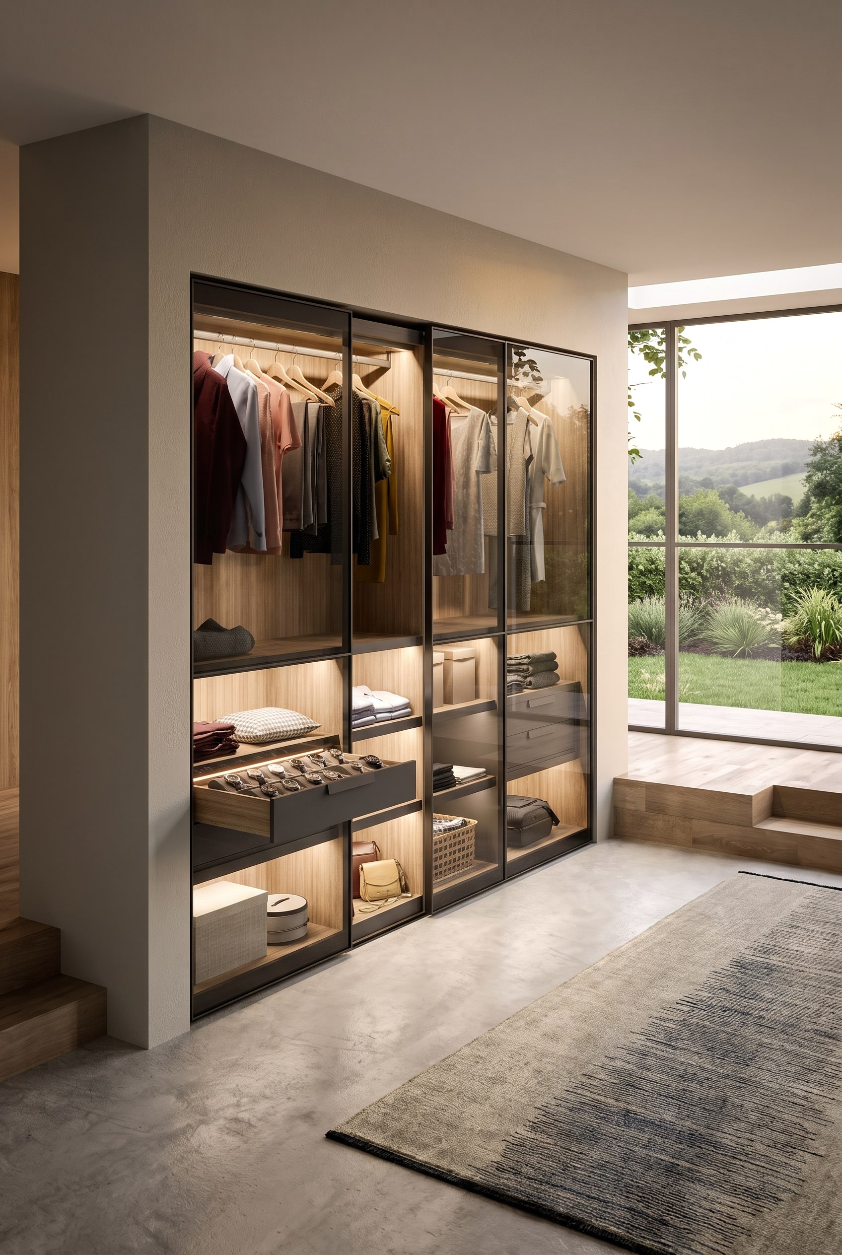 Une armoire encastrée pleine hauteur. À l'intérieur, à mi-hauteur, se trouve un tiroir intérieur coulissant en douceur avec une façade en verre fumé, dans lequel une collection de montres est rangée à l'abri de la poussière.