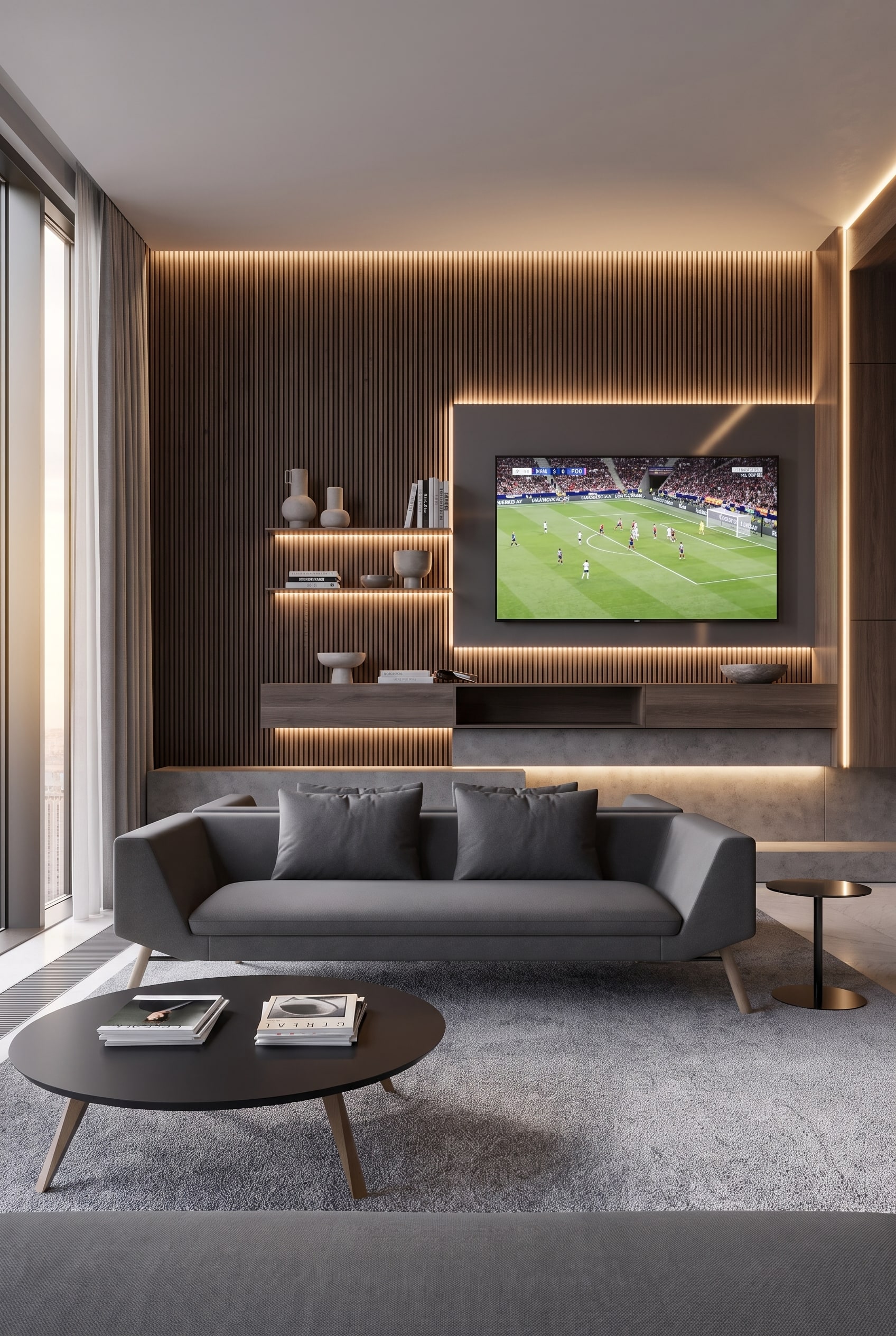 Un salon spacieux et moderne avec le canapé Prostoria Sofa Classic comme grande et confortable tribune à domicile devant un grand écran.