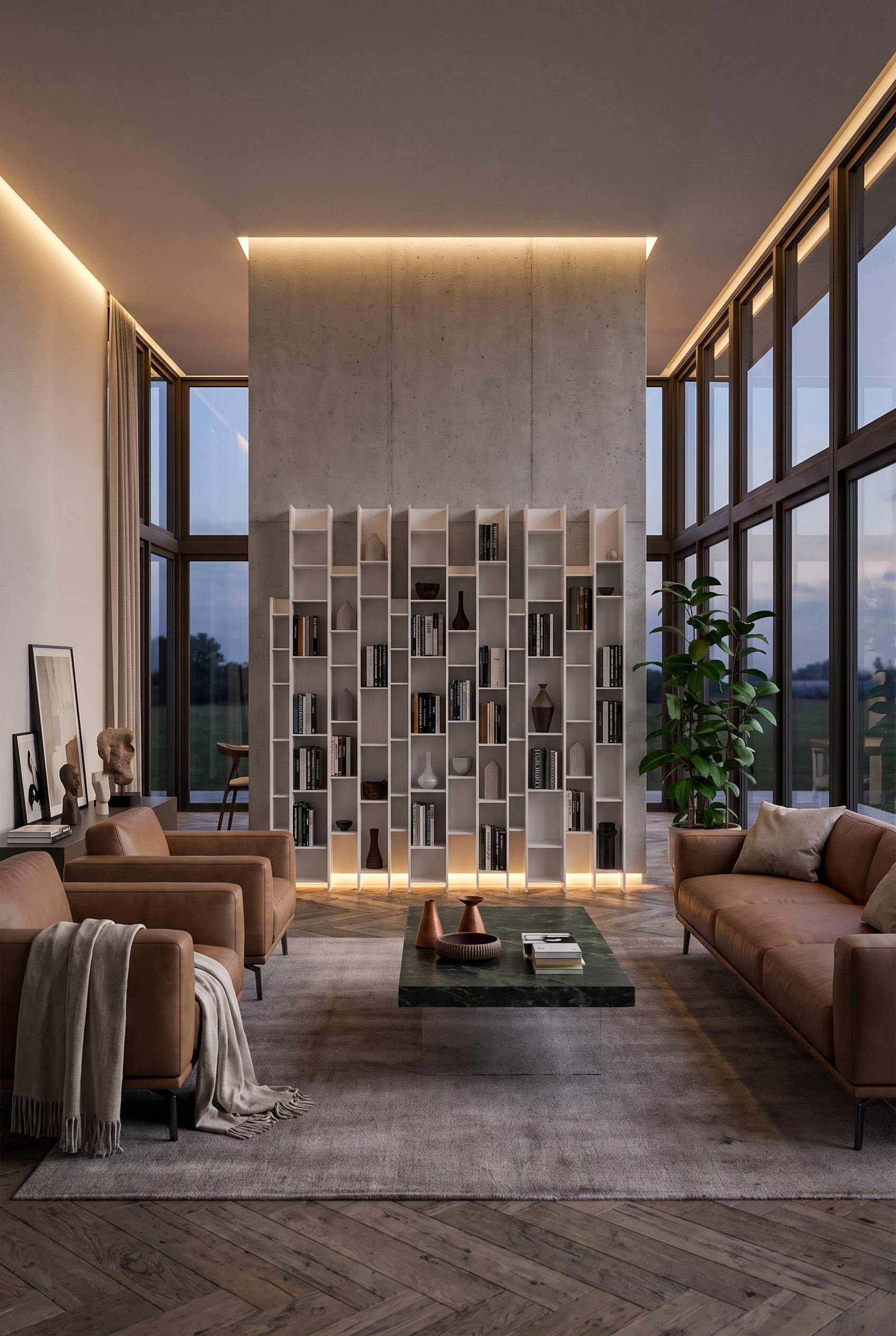 Salon ouvert avec étagère murale au sol sans fond