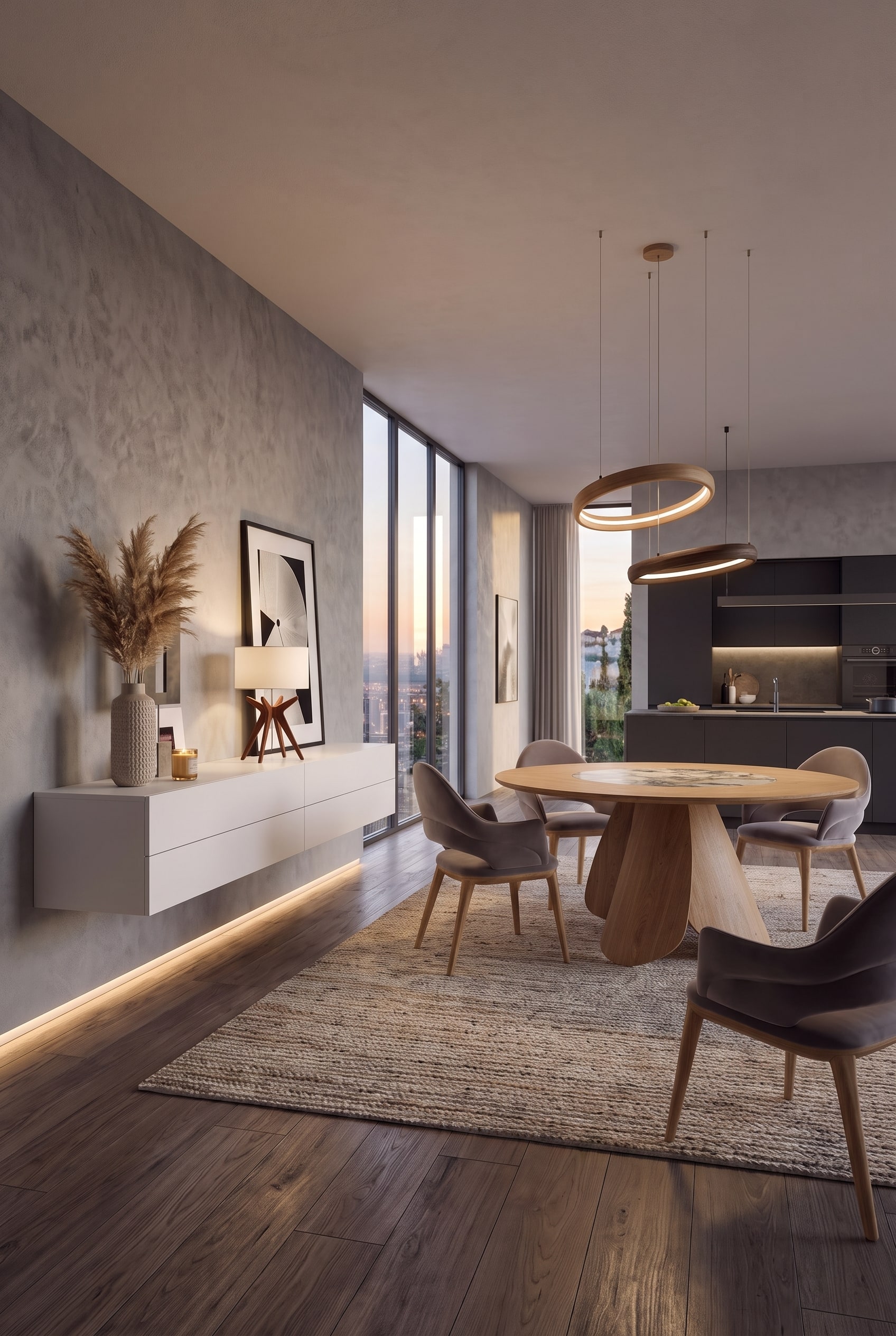 Une commode suspendue moderne Novamobili avec quatre tiroirs sans poign&eacute;e flotte &eacute;l&eacute;gamment sur le mur d'une salle &agrave; manger am&eacute;nag&eacute;e avec go&ucirc;t.