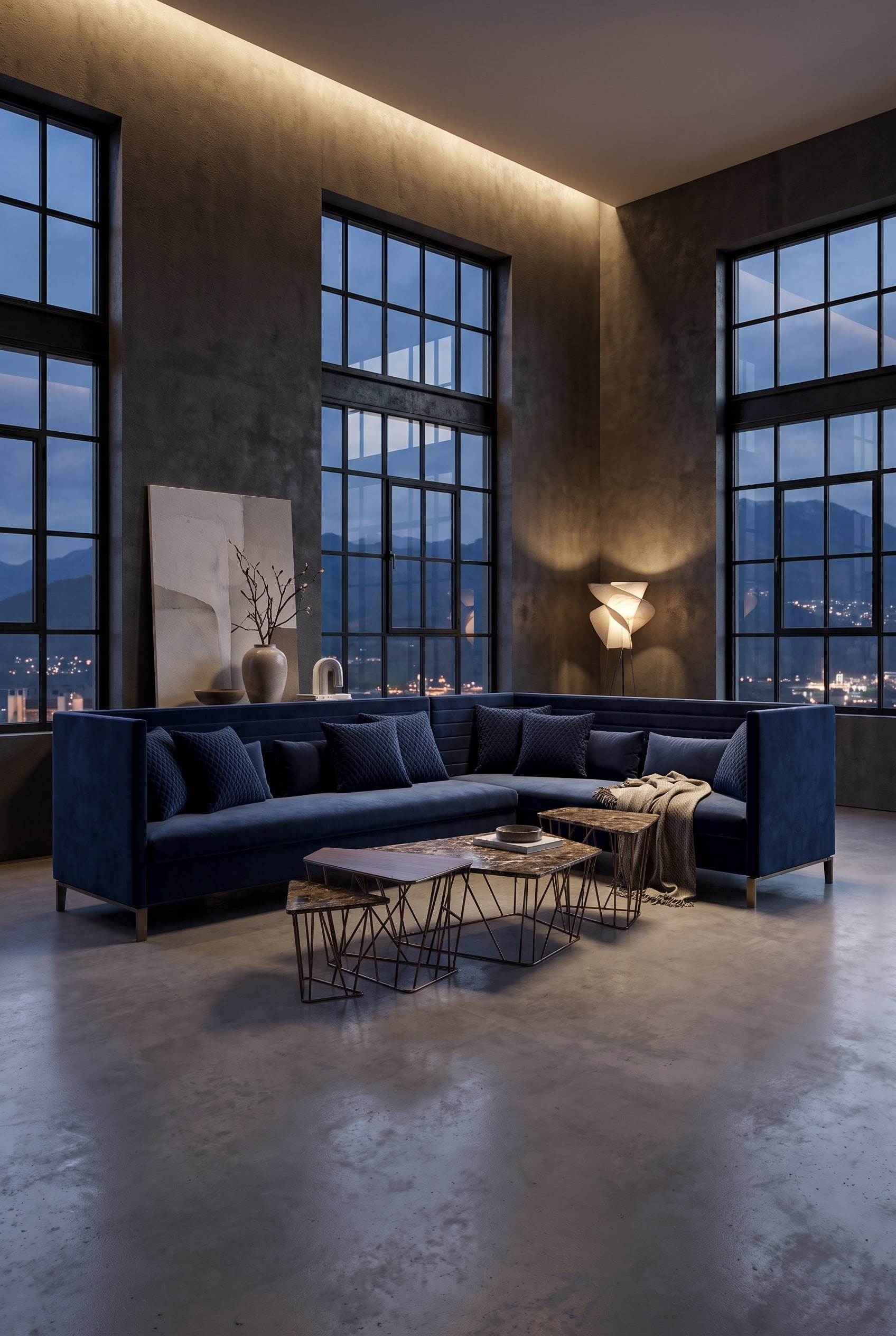 Loft minimaliste avec un canap&eacute; en velours bleu profond et dossier capitonn&eacute;, entour&eacute; de beaucoup d'espace libre