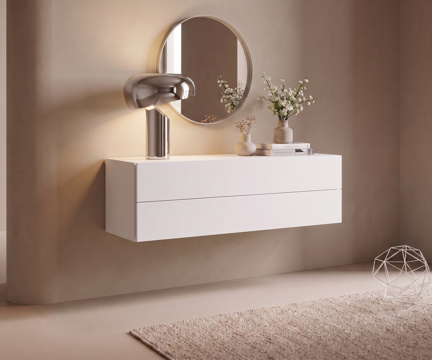 Novamobili Easy zwevend dressoir met 2 laden in de hal onder een ronde spiegel met een moderne designlamp.