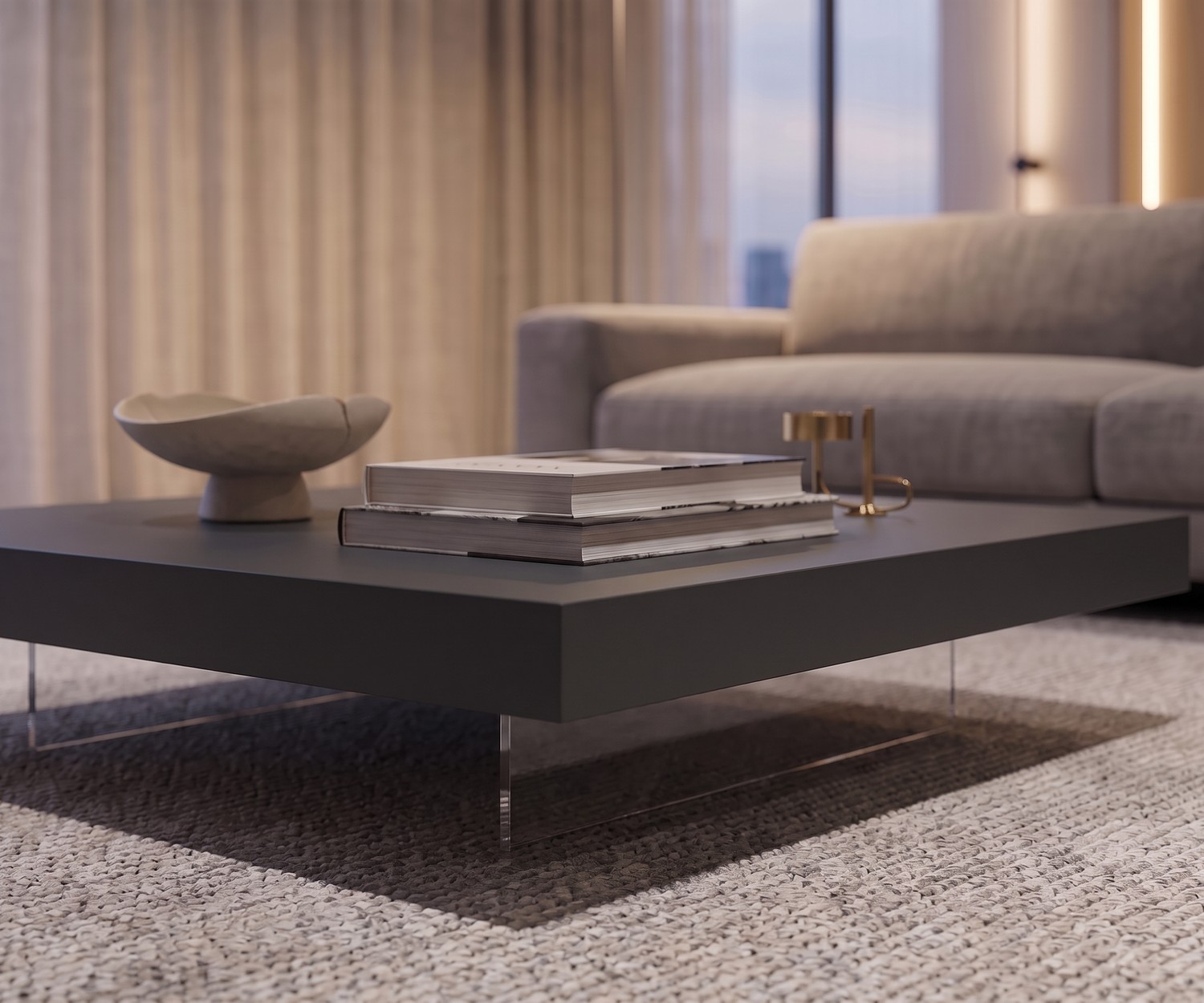 Table basse moderne Livitalia Low gris anthracite avec pieds transparents pour un salon élégant.