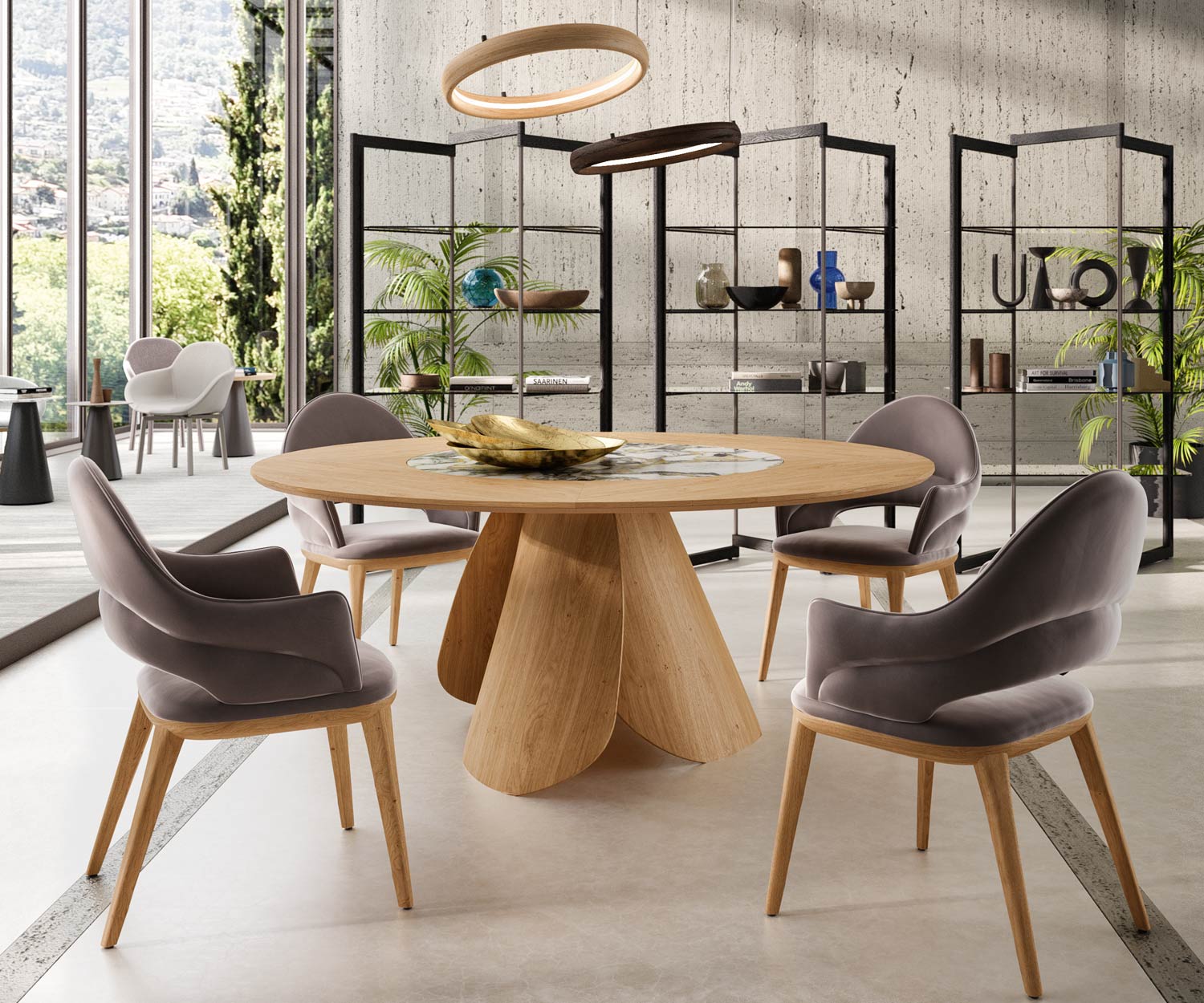 Ozzio Veliero T314 Table de salle à manger ronde design Chêne Carbone Emperador