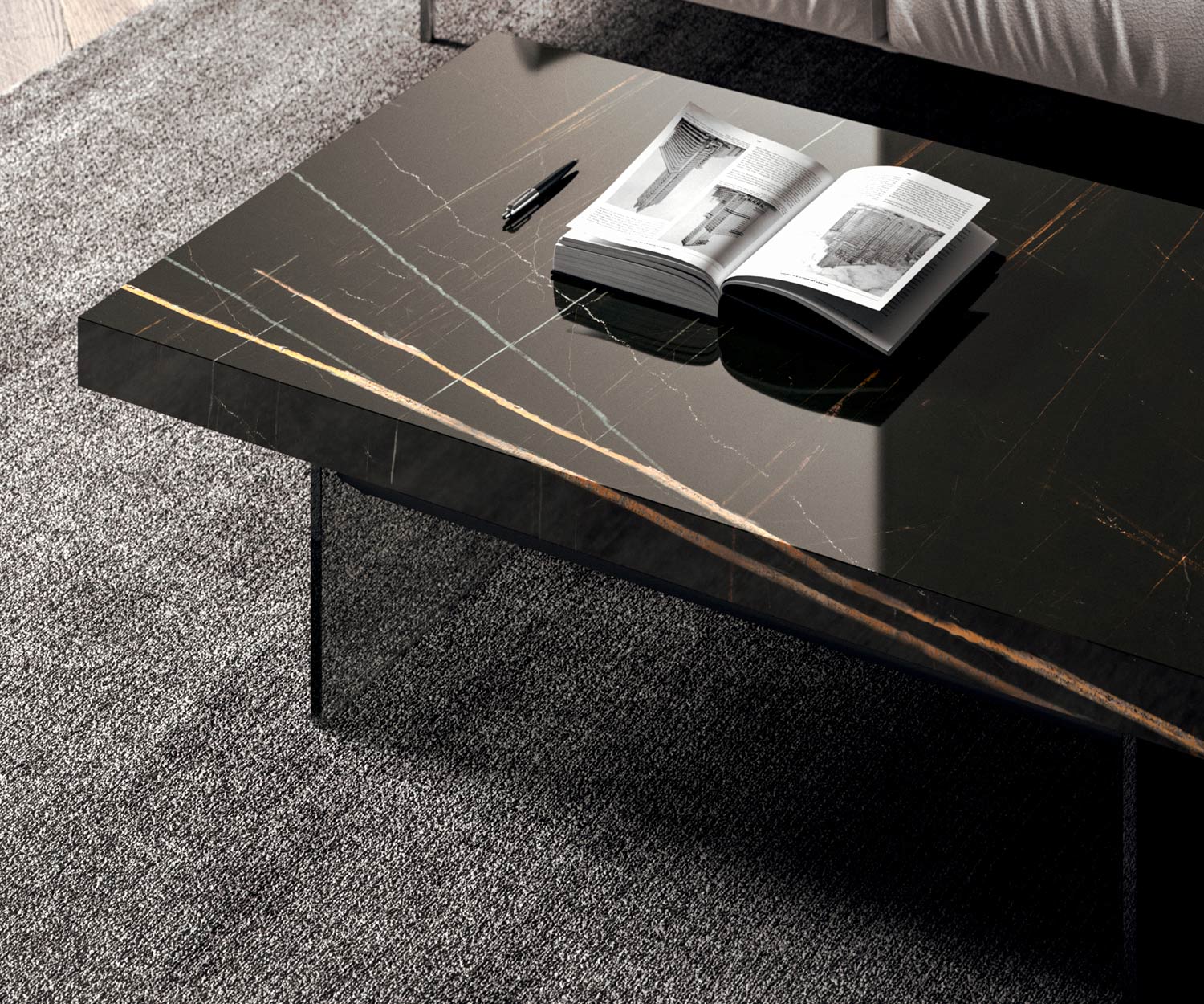 Detail tafelblad zwart glanzend marmer glas van Ozzio Salontafel Bellagio Detail tafelblad zwart glanzend marmer glas van Ozzio Salontafel Bellagio