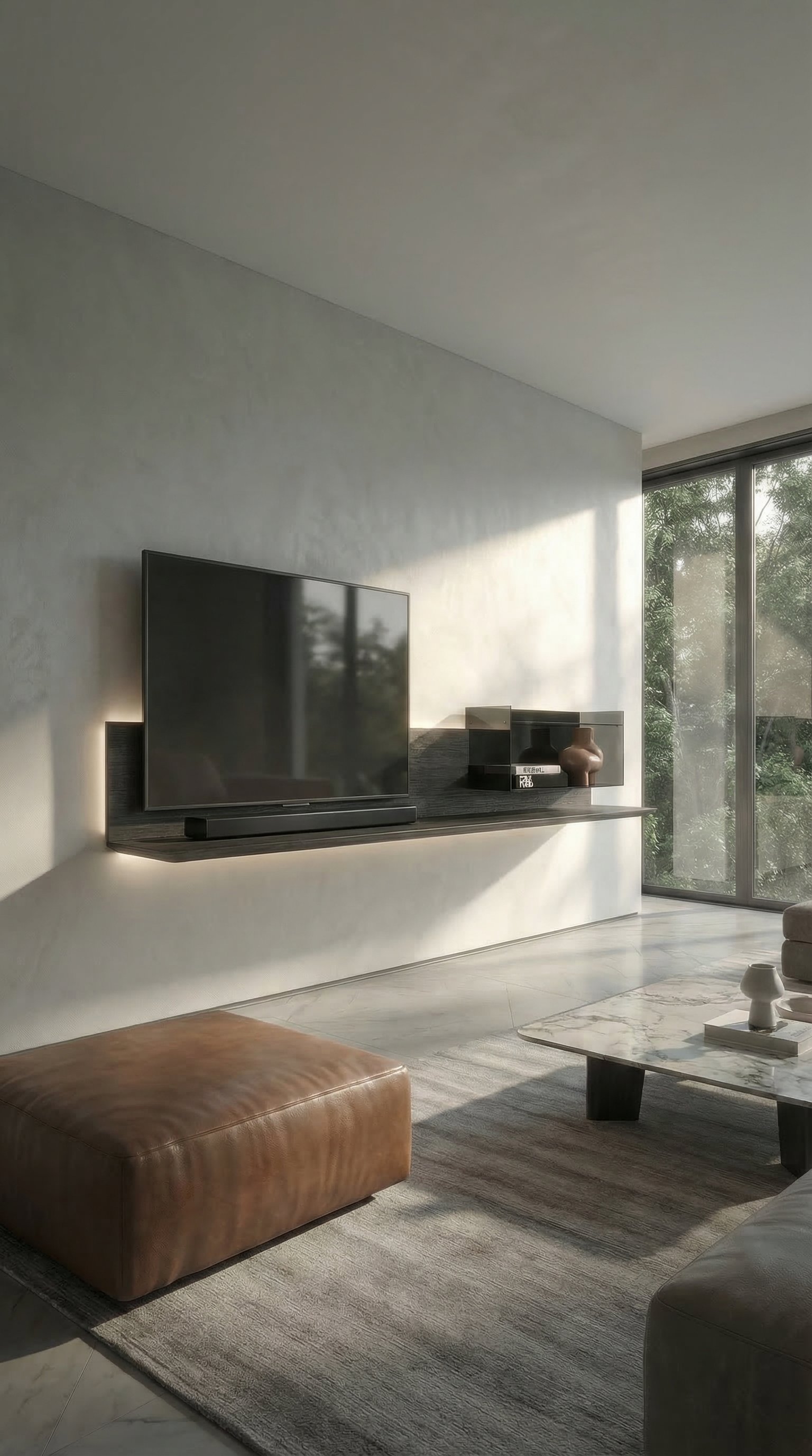Een zwevend, donker tv-wandmeubel van eikenhout Carbone in een lichte, moderne woonkamer met grote raampartijen. Een zwevend, donker tv-wandmeubel van eikenhout Carbone in een lichte, moderne woonkamer met grote raampartijen.