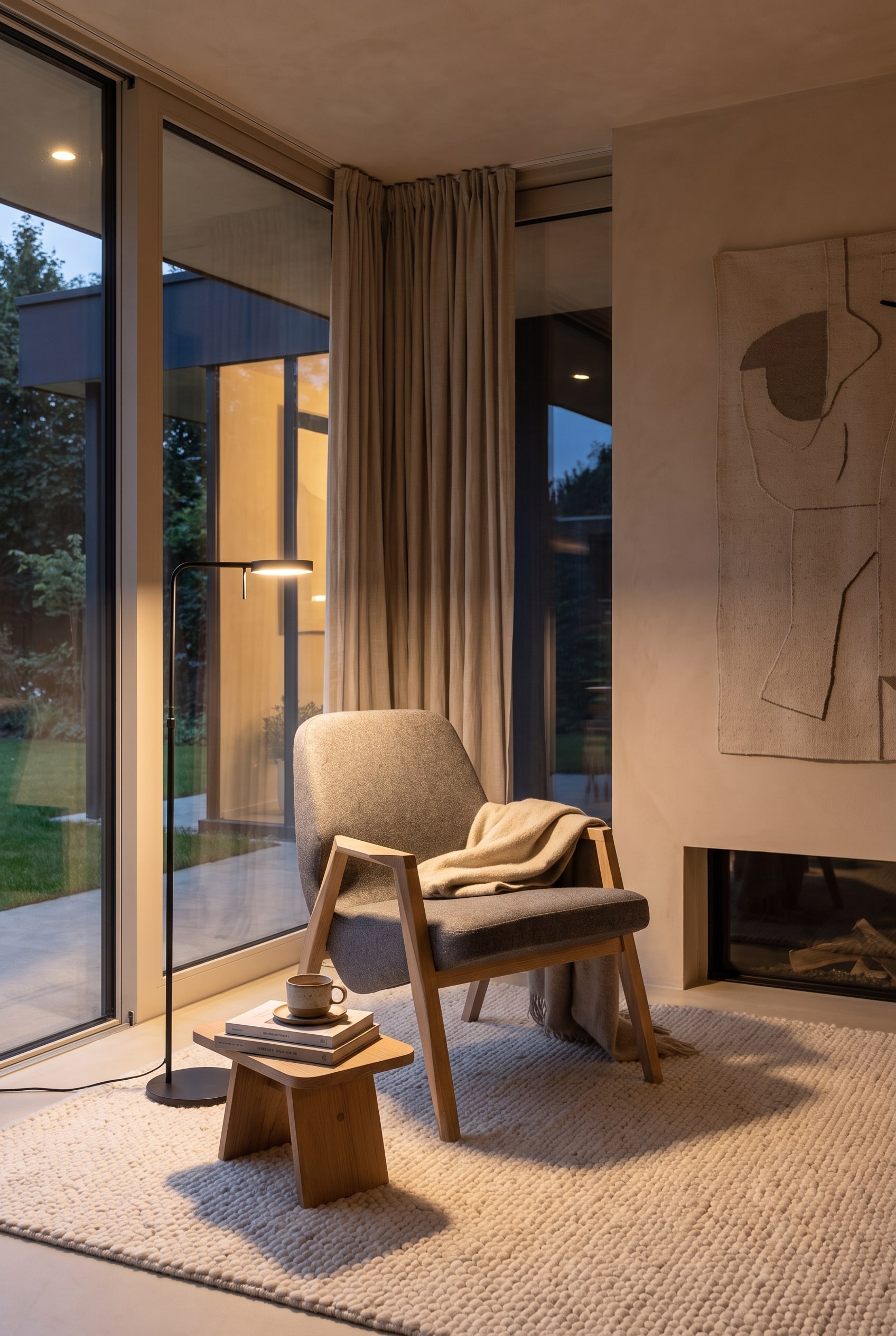 Coin lecture avec un fauteuil rembourré aux accoudoirs en chêne apparent et une lampe sur pied discrète