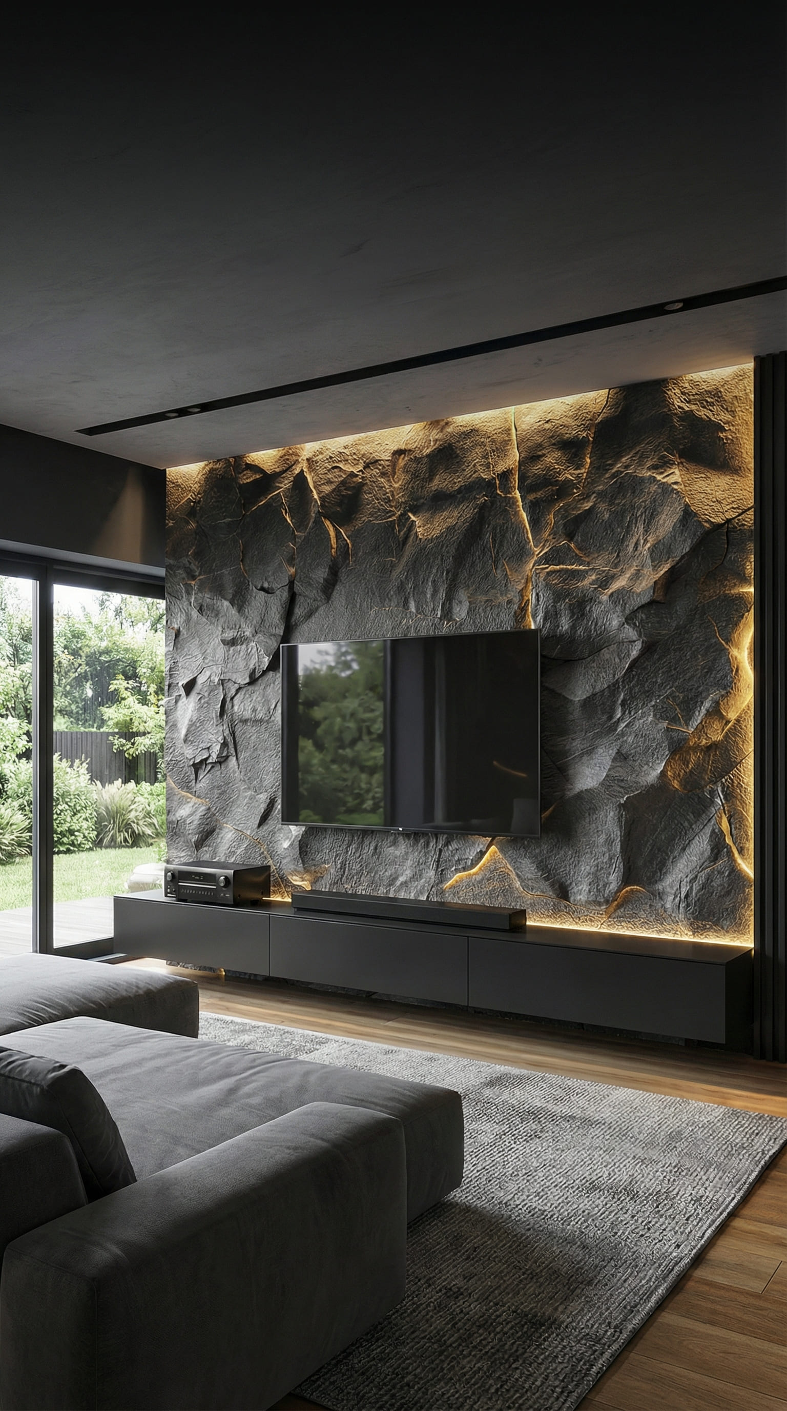 Extra breed zwart lowboard 300cm wandhangend onder grote televisie