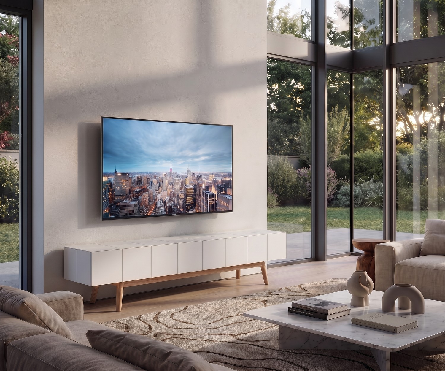 al2 Design TV-lowboard MOS-I-KO 005 B TV-lowboard MOS-I-KO 005 B in een moderne woonkamer, mat wit gelakt met houten standvoeten.