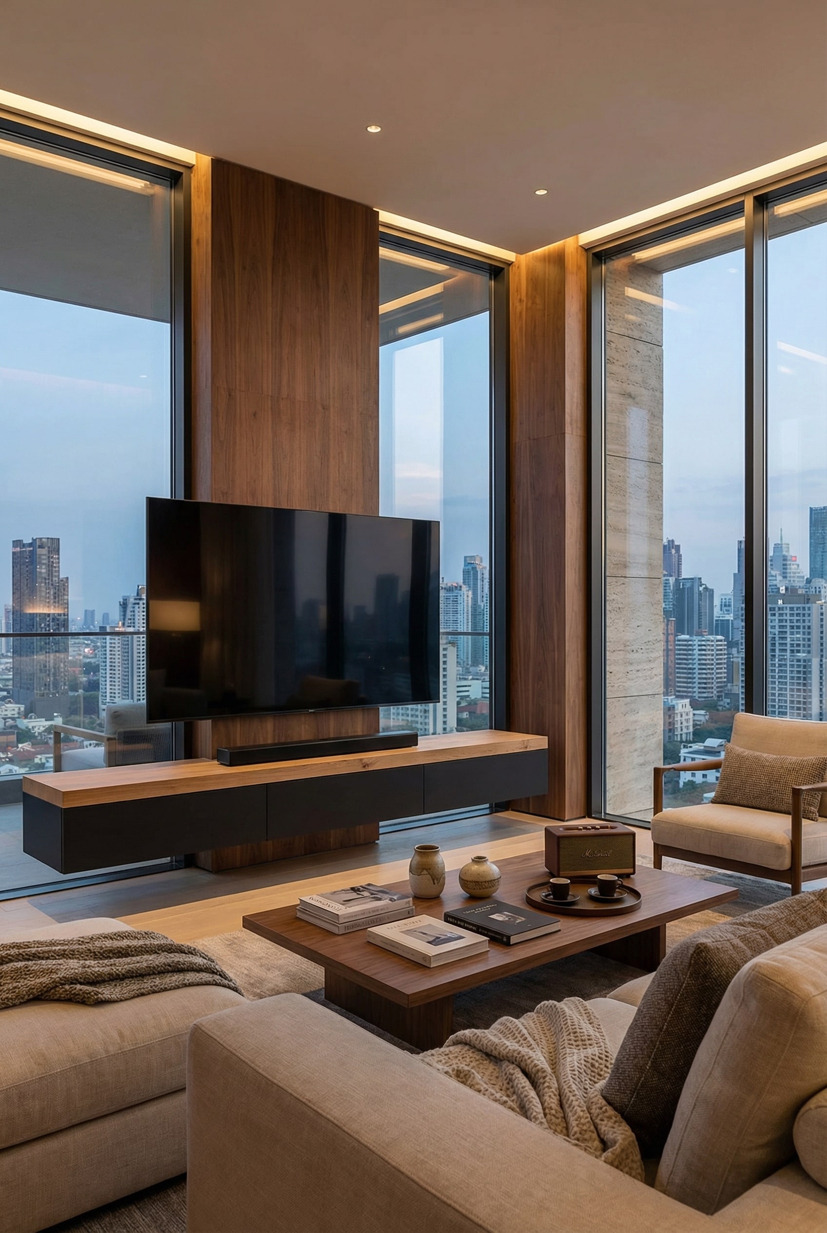 Extreem breed, massief tv-dressoir met dikke houten plaat onder een grote televisie