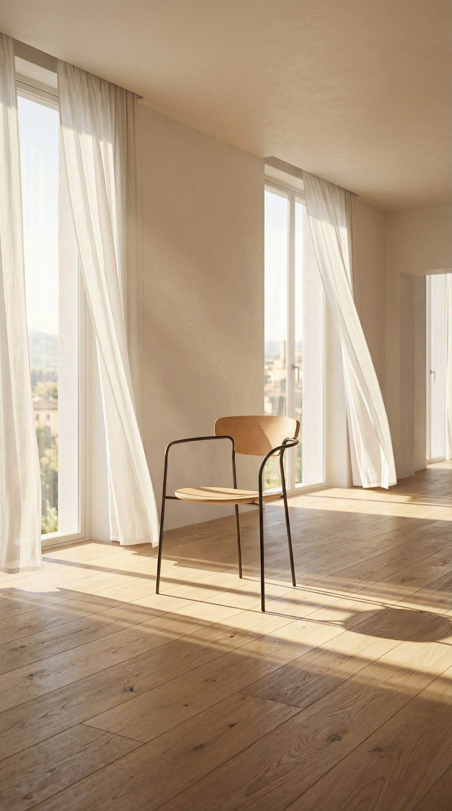 Chaise en bois moderne avec une structure m&eacute;tallique noire filigrane et une assise en bois clair au soleil