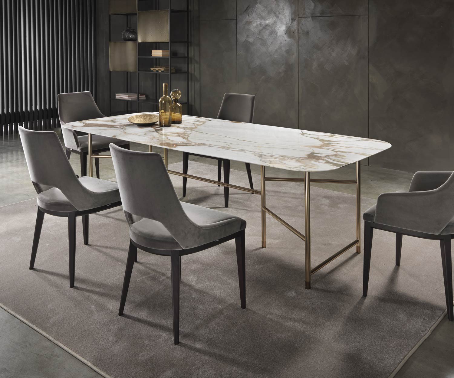 Elegante Marelli Kyoto design eettafel Calacatta marmeren tafelblad Panoramazicht Elegante Marelli Kyoto design eettafel Calacatta marmeren tafelblad Panoramazicht