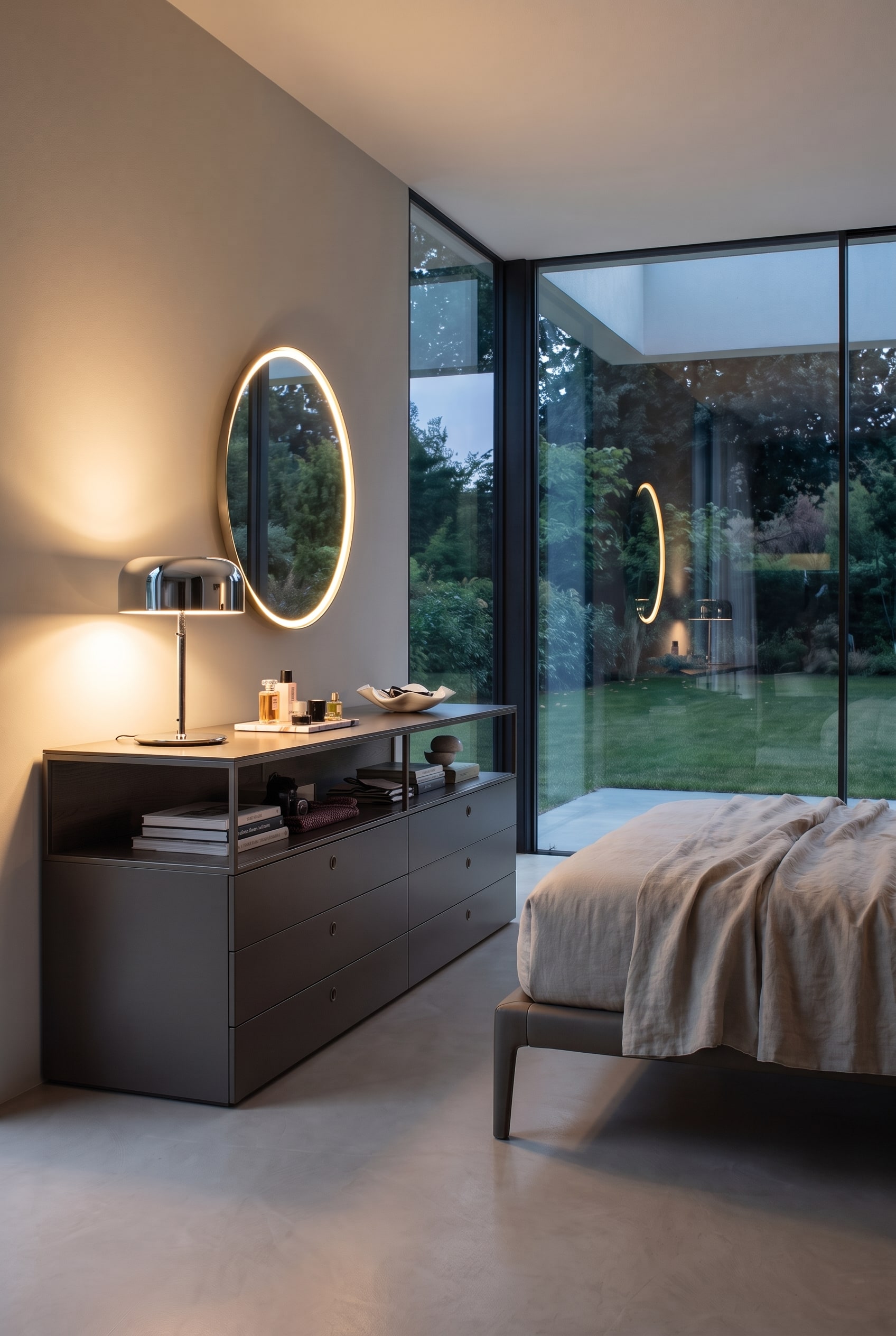 Modernes Schlafzimmer mit bodentiefen Fenstern, puristischem Estrichboden und einer grauen Kommode. Darüber hängt ein runder Spiegel mit indirekter LED-Beleuchtung.