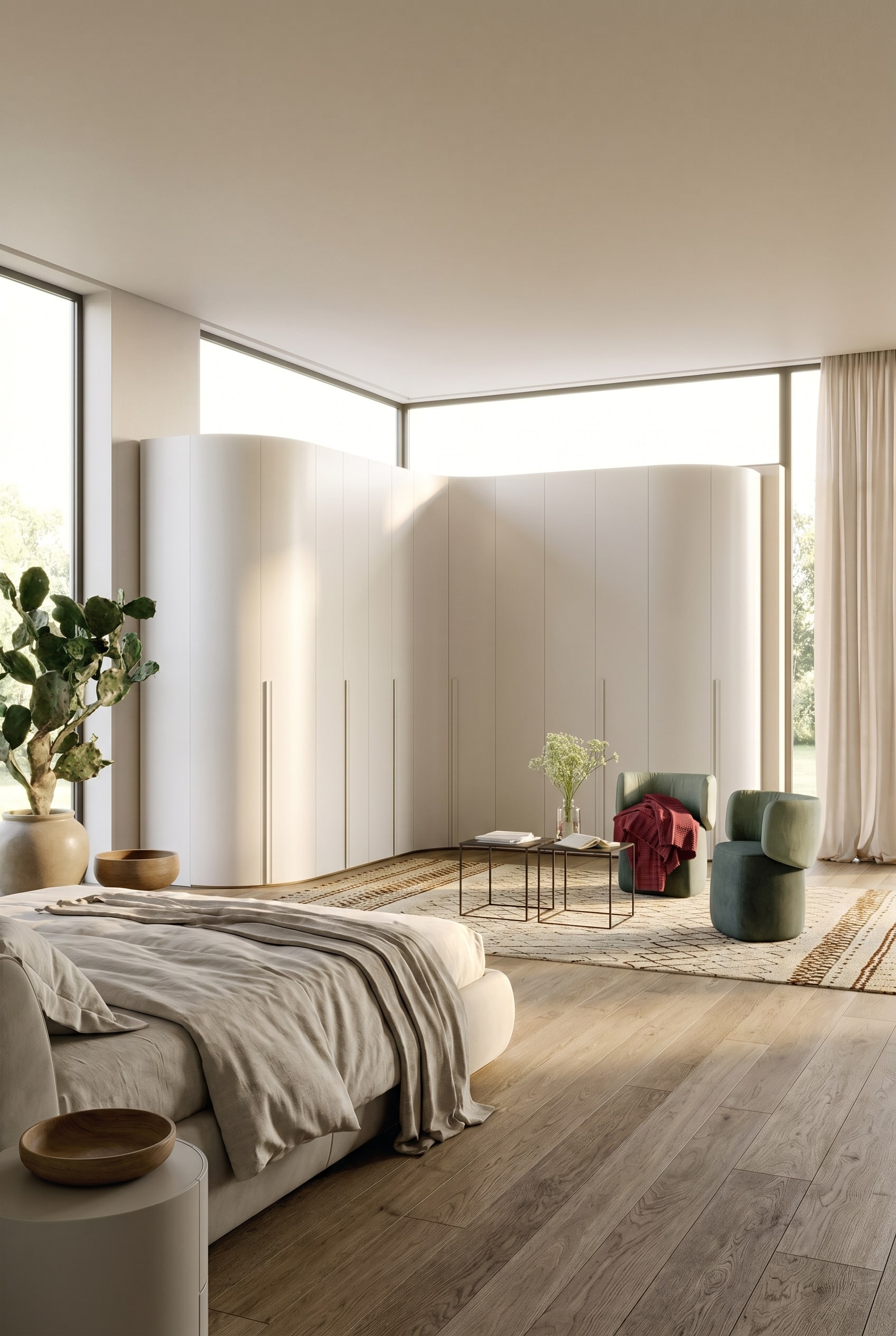 Armoire d'angle aux bords arrondis dans une chambre moderne et organique