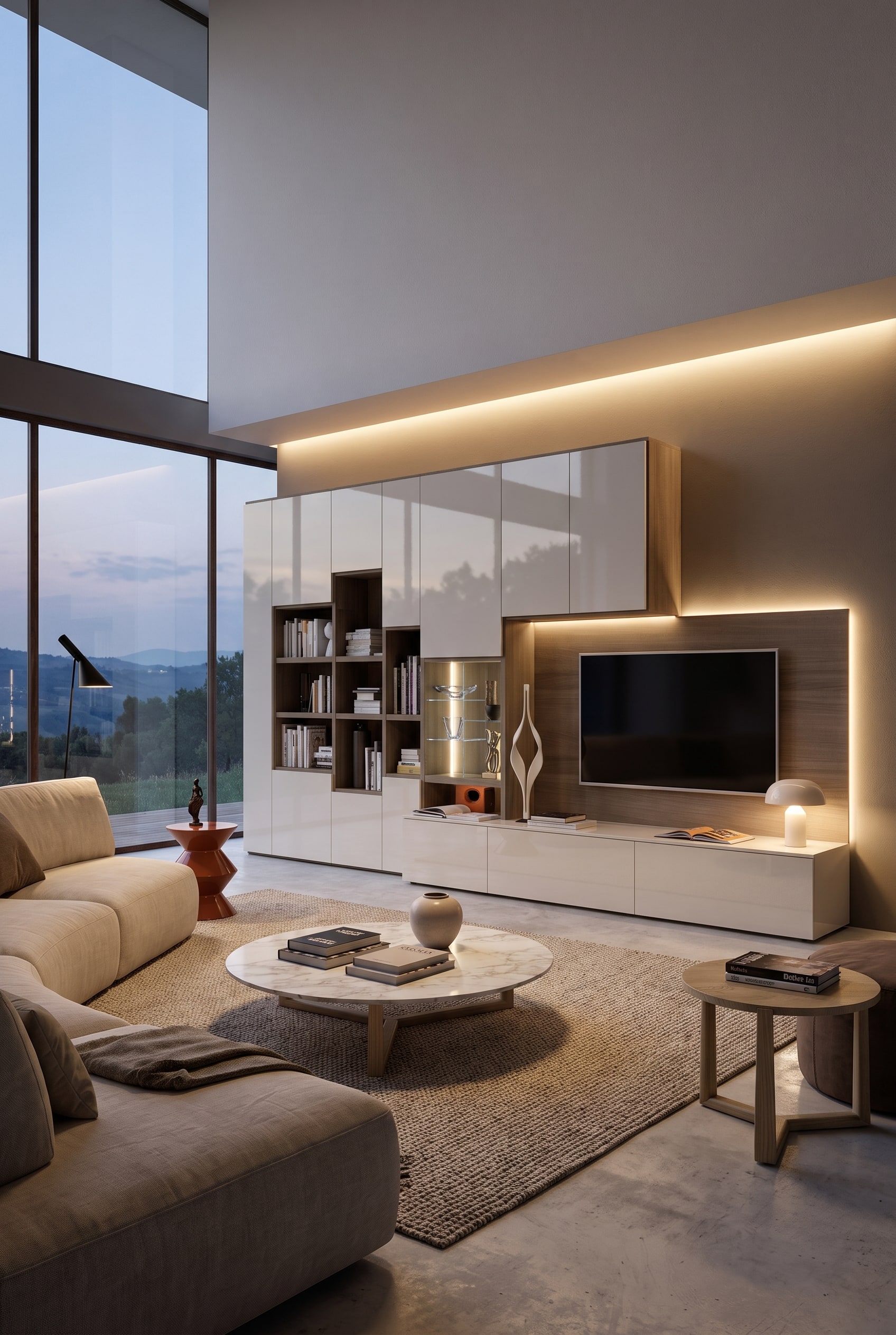 Meuble TV asym&eacute;trique moderne avec t&eacute;l&eacute;vision int&eacute;gr&eacute;e et &eacute;tag&egrave;res ouvertes dans un salon spacieux et haut de plafond