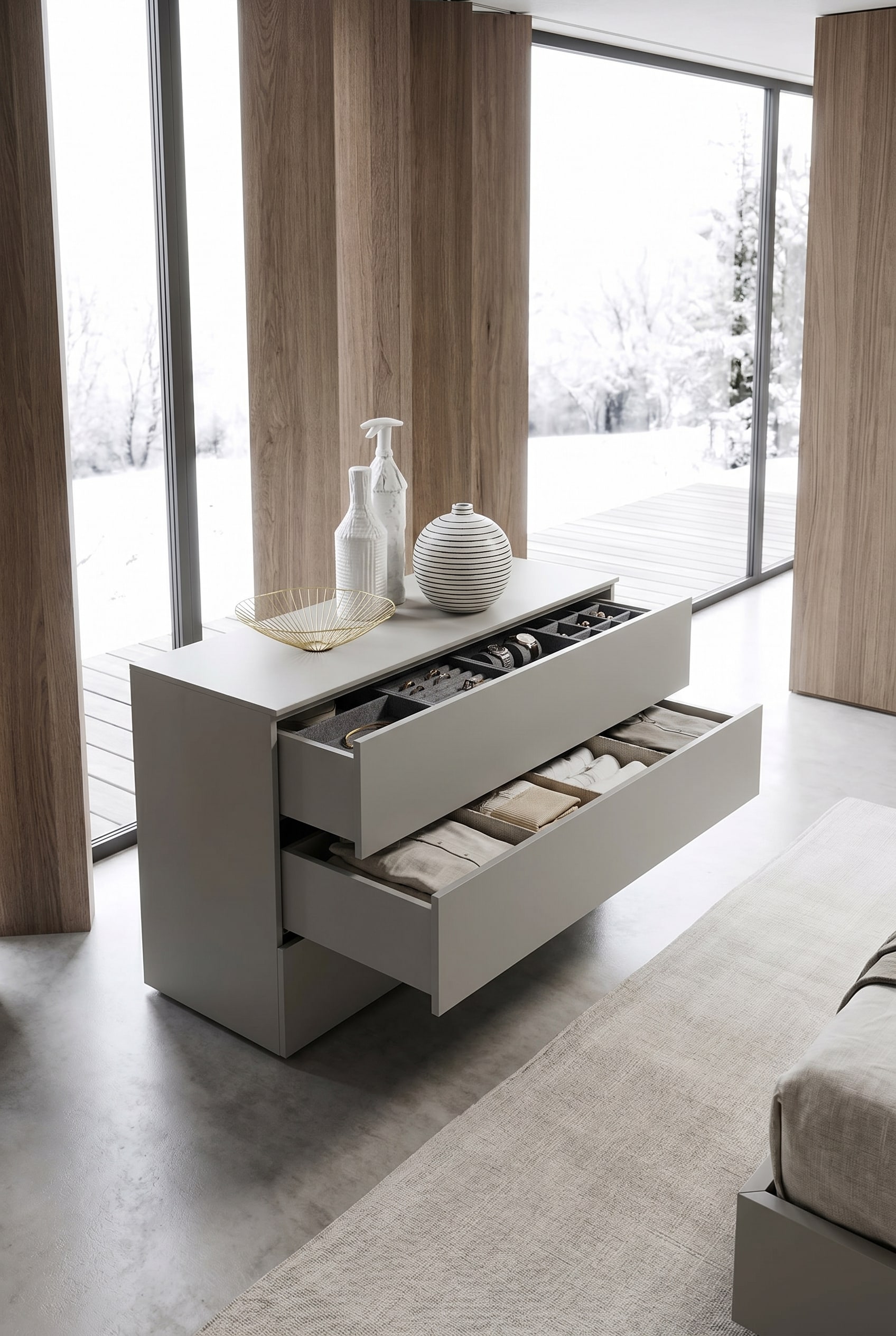 Chambre minimaliste avec commode sans poignée, mate et blanche