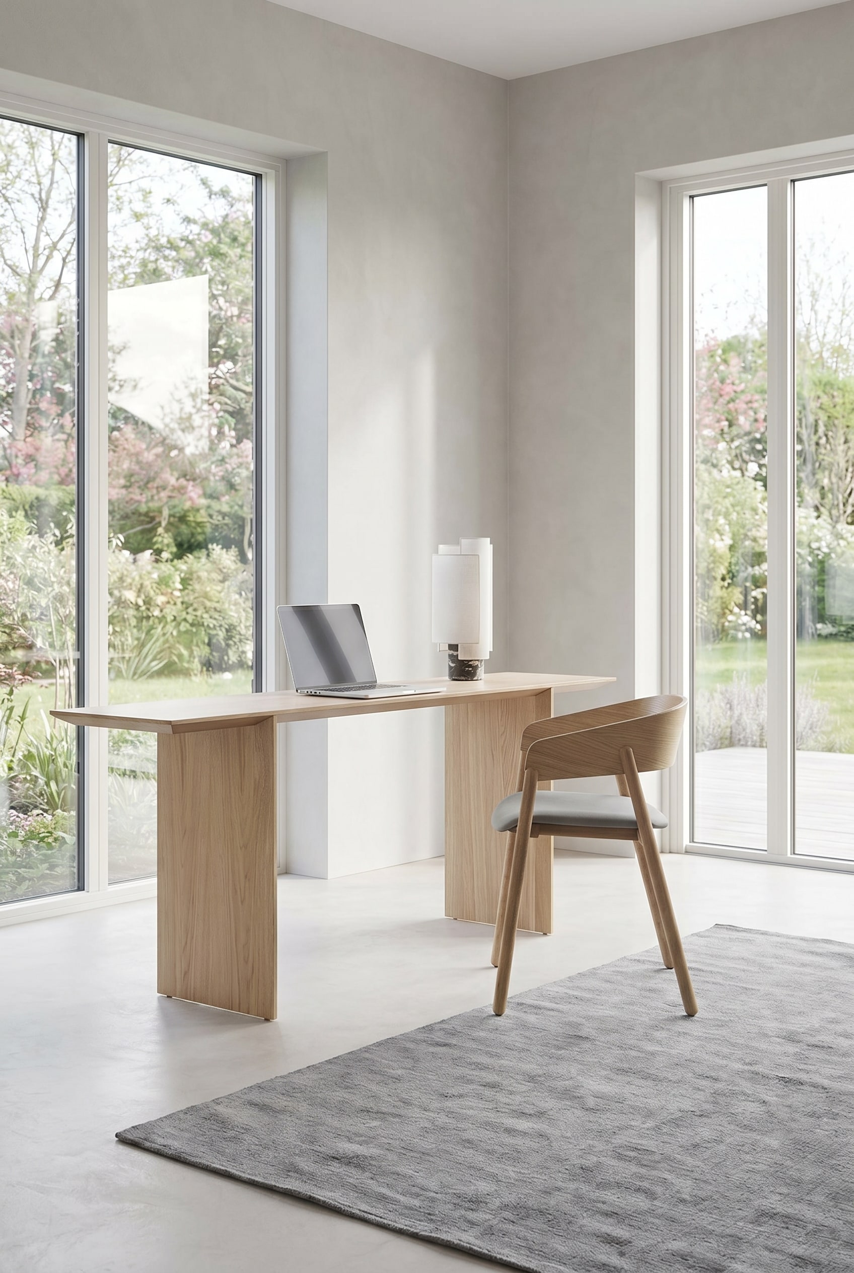 Bureau lumineux avec un bureau en ch&ecirc;ne clair et une chaise en bois filigrane avec un coussin d'assise gris