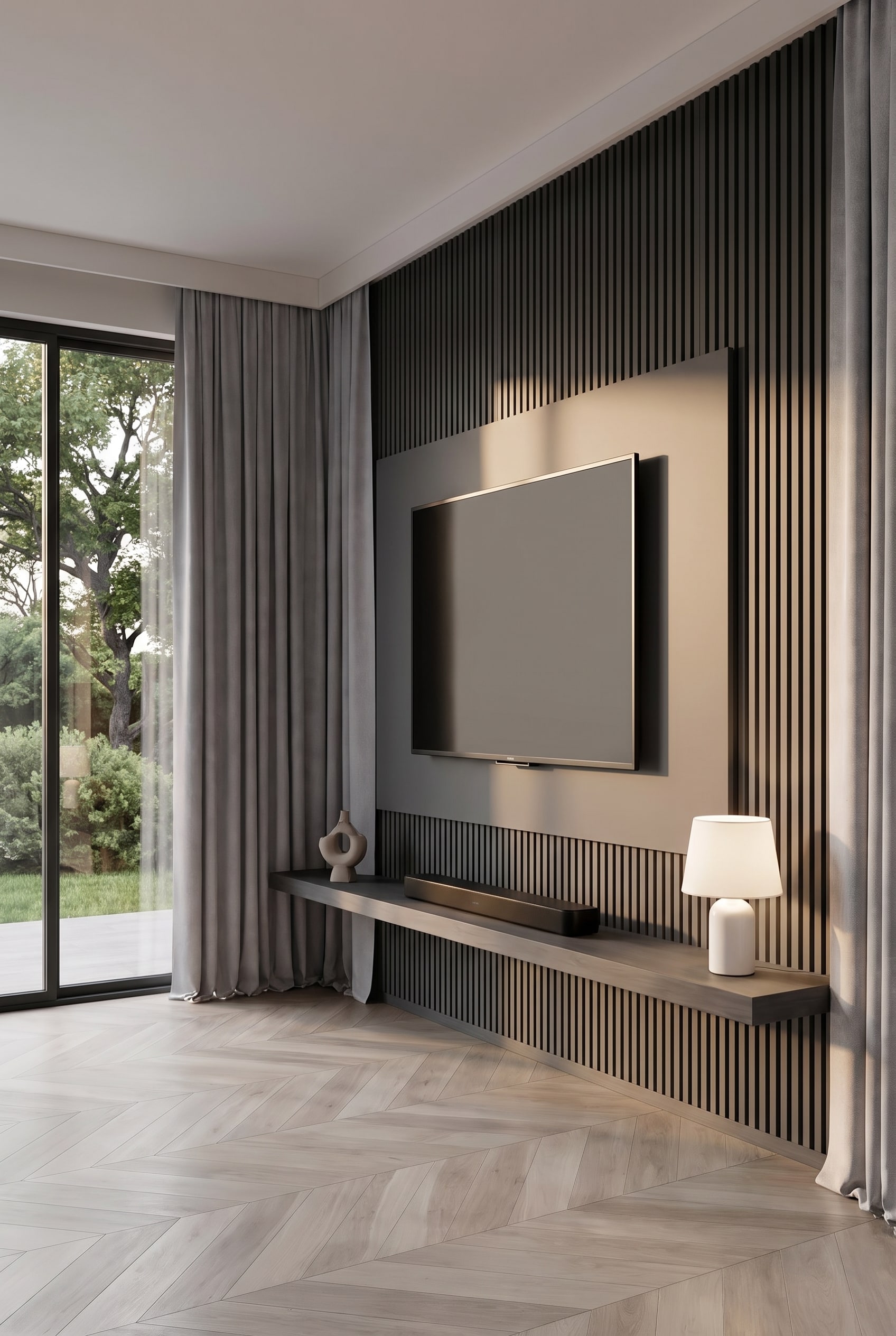 Salon avec un panneau mural TV lisse en bois, sur lequel le t&eacute;l&eacute;viseur est mont&eacute; sans fil, avec r&eacute;tro&eacute;clairage LED