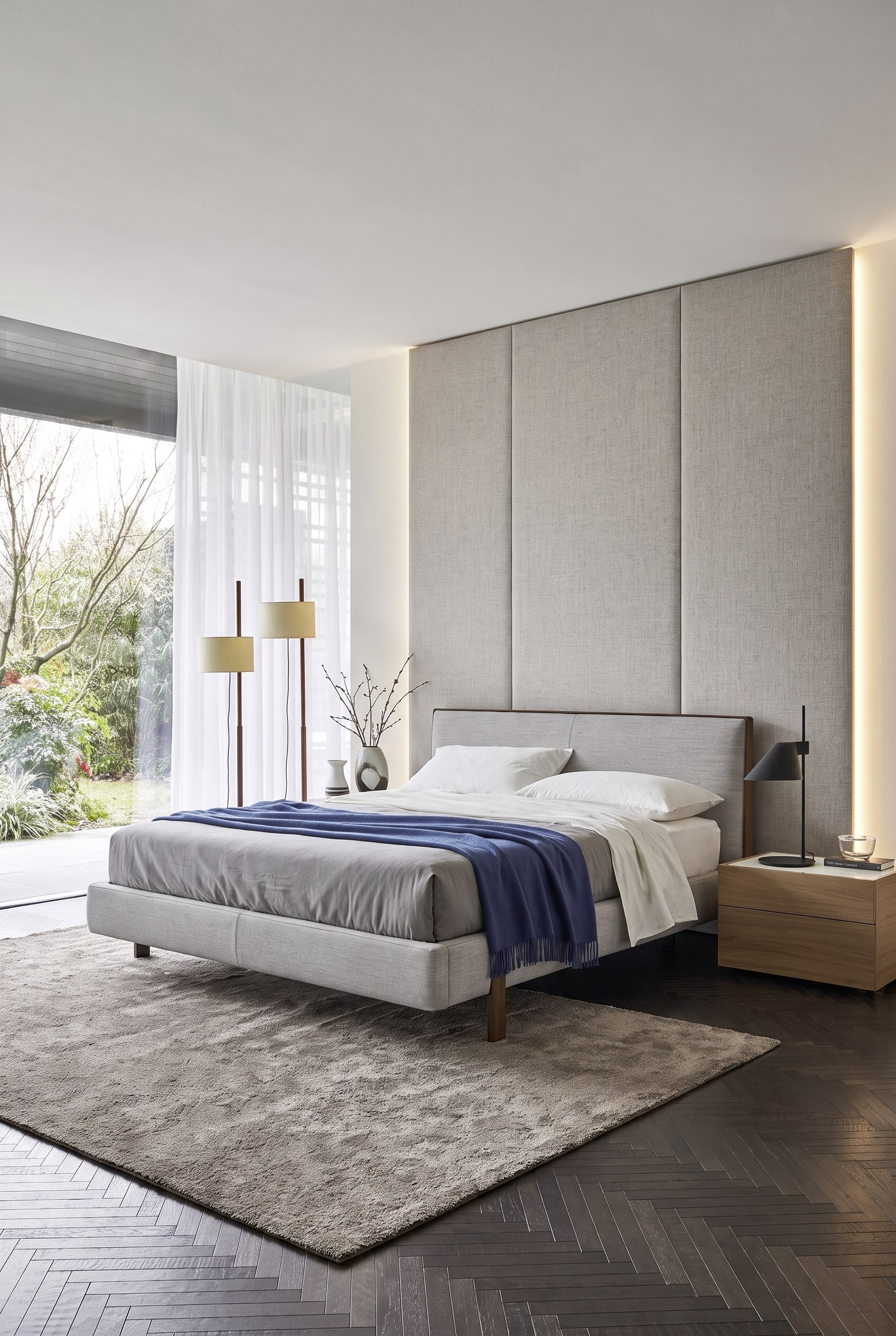 Chambre moderne avec lit rembourré en tissu devant un revêtement mural rembourré en tissu