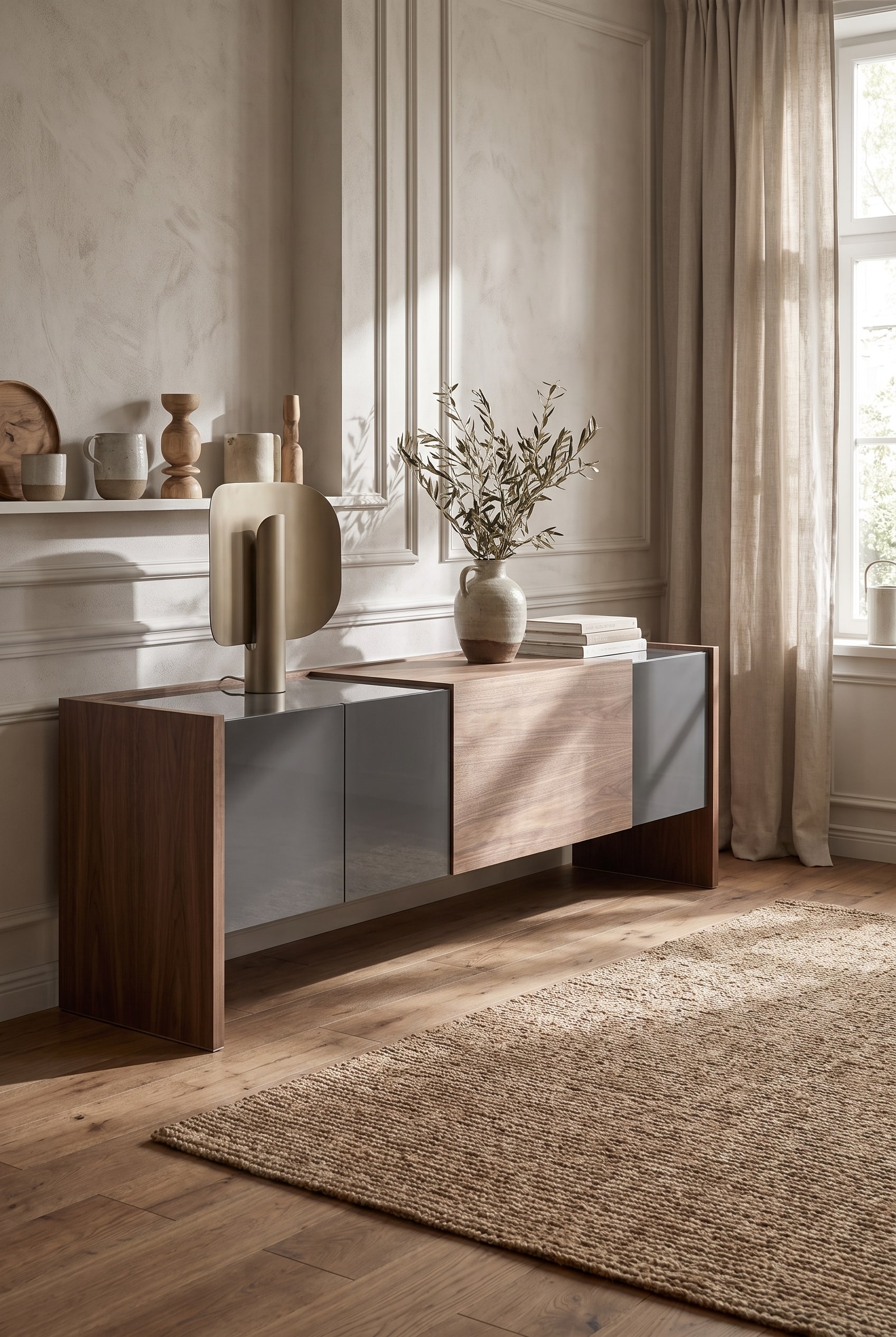 Punt Toscana Lucca Sideboard avec façade en bois structuré dans une pièce moderne et aérée de style campagne moderne.