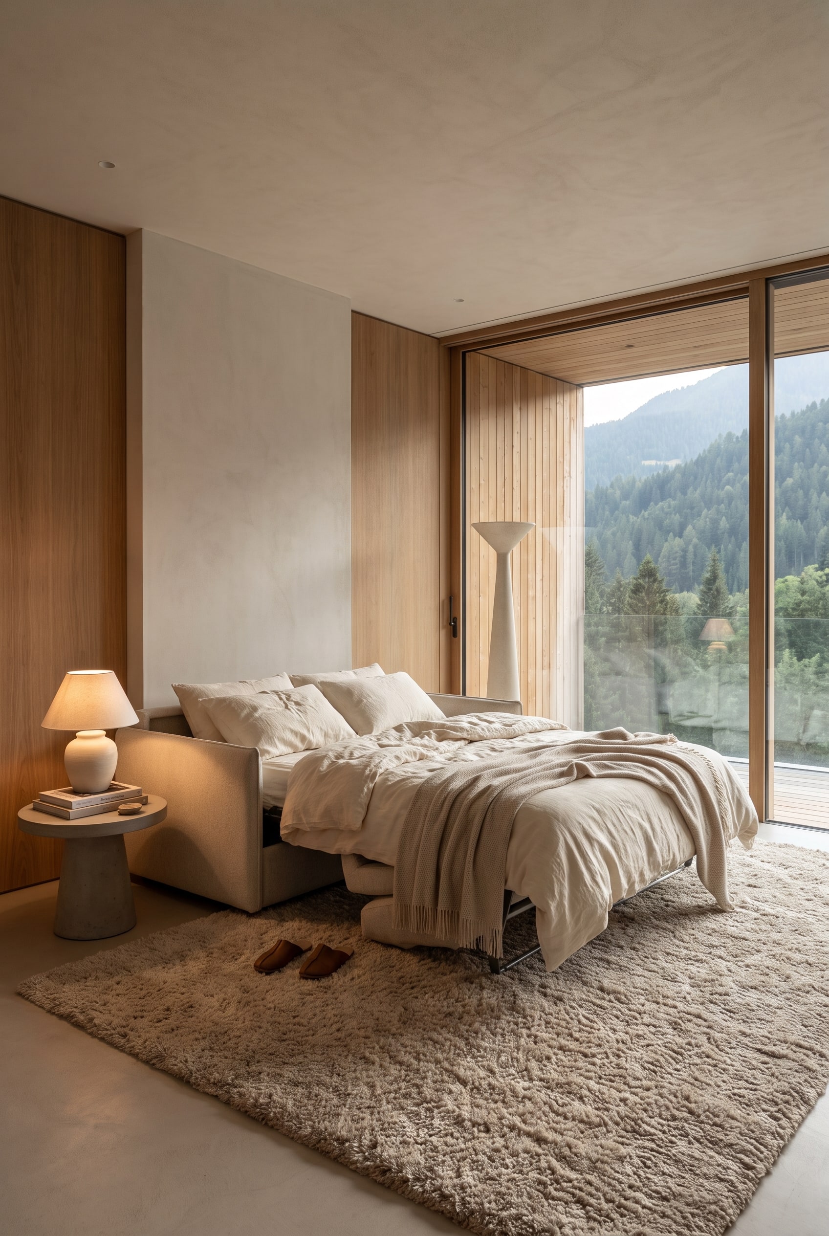 Un canap&eacute;-lit Pol74 Atelier Chic luxueux et d&eacute;pli&eacute; dans une suite d'invit&eacute;s lumineuse, plac&eacute; sur un tapis doux &agrave; poils longs avec beaucoup d'espace de mouvement sur les c&ocirc;t&eacute;s.