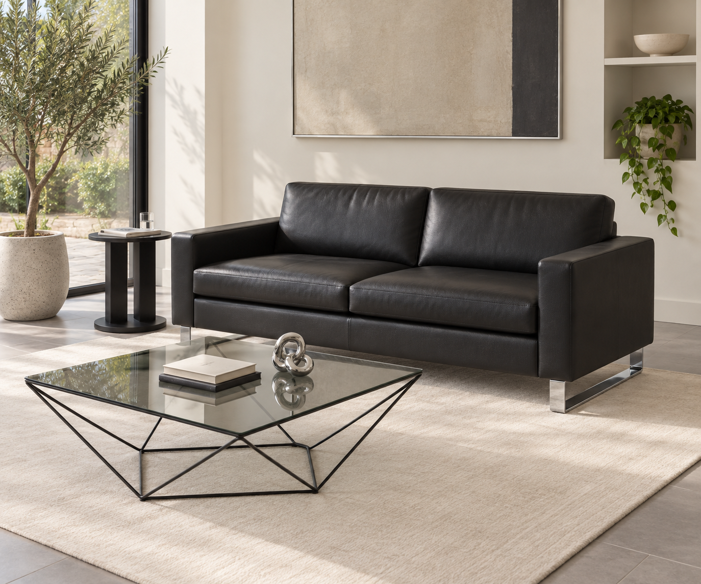 Livitalia Canapé Vinaro, 206 × 91 cm, Seminole 04 Noir, cuir véritable, piètement chromé – Vue à 45°