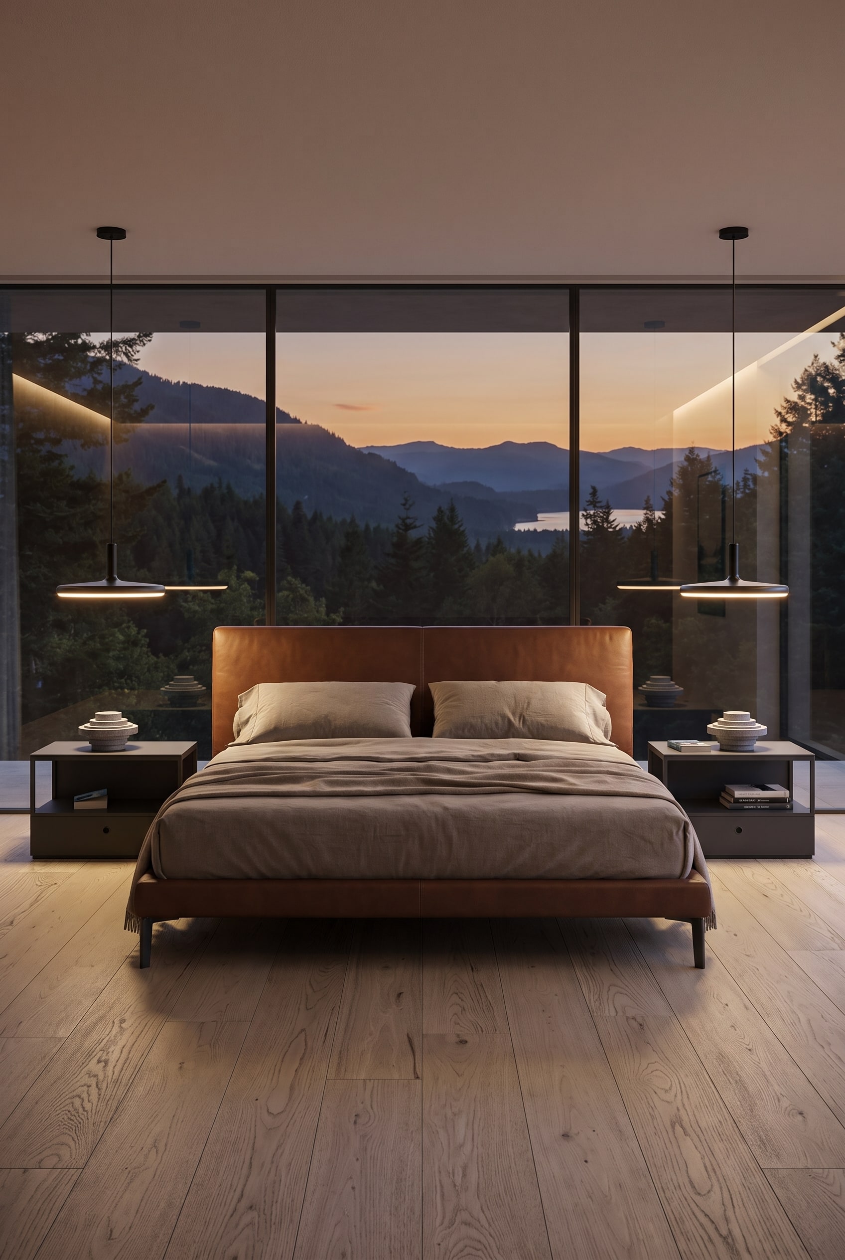 Chambre à coucher aménagée symétriquement avec deux tables de chevet Novamobili Square à côté d'un lit en cuir élégant