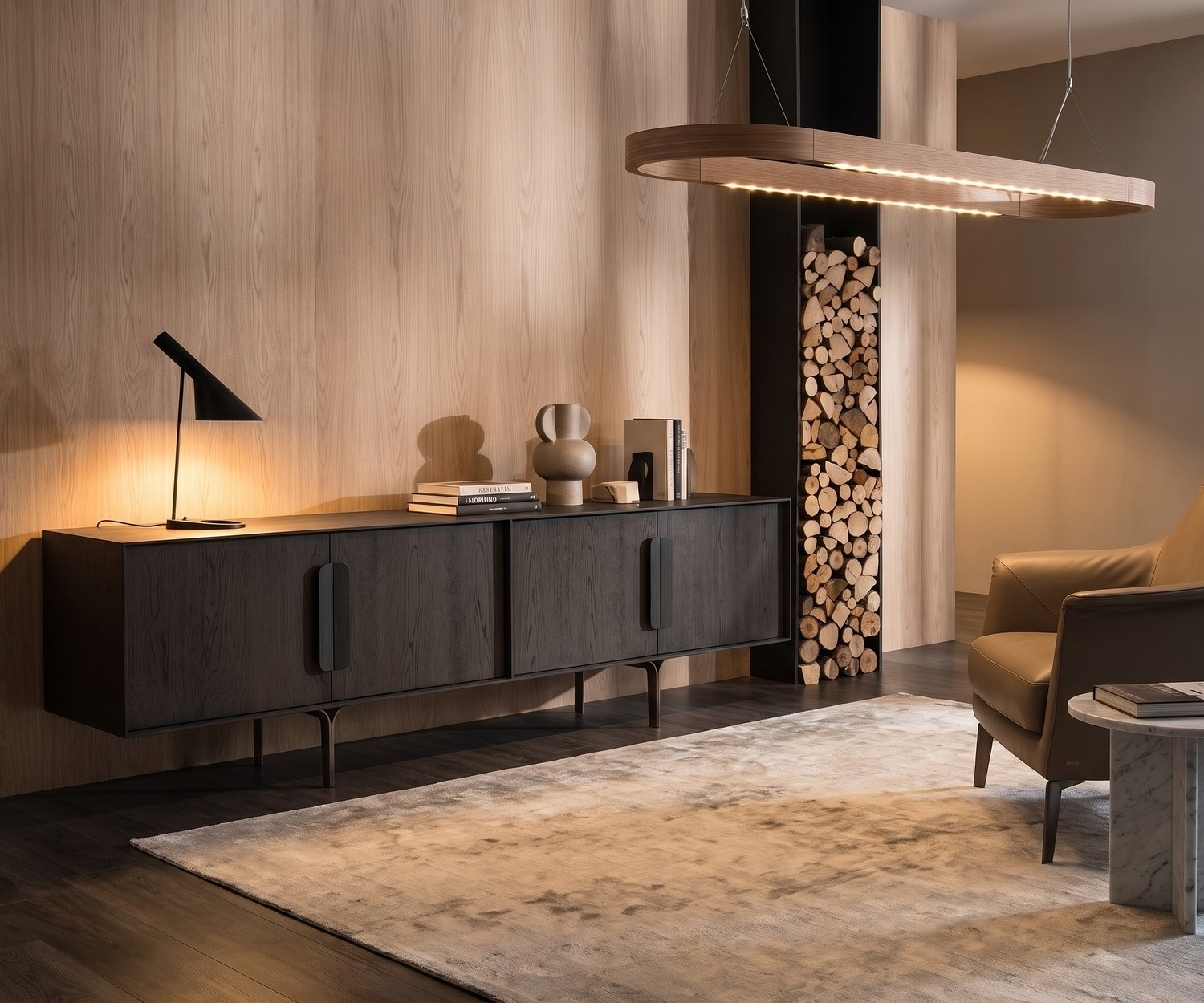 al2 Mobius 003 design dressoir van donker eikenhout in een moderne woonkamer met sfeervolle verlichting.