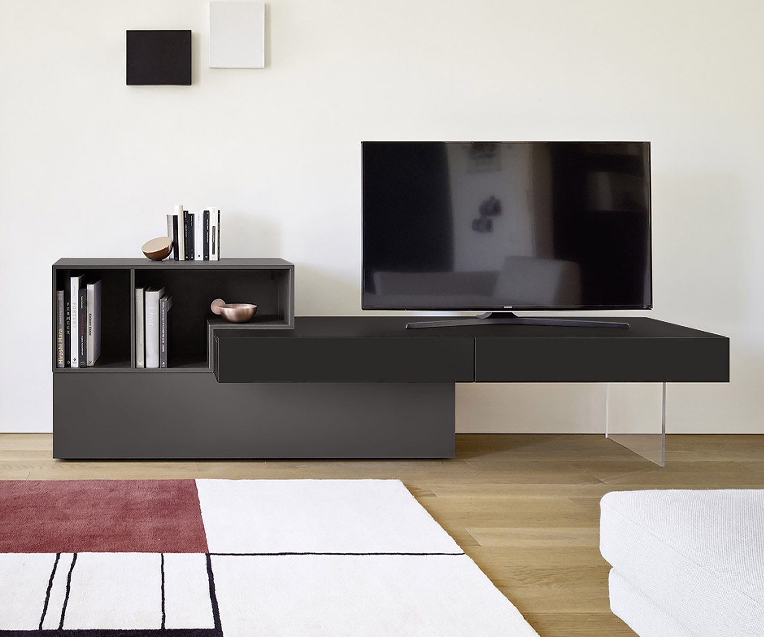 Mini mur design Livitalia C05 Meubles bas gris et noir mat laqué Étagère ouverte Mini mur design Livitalia C05 Meubles bas gris et noir mat laqué Étagère ouverte