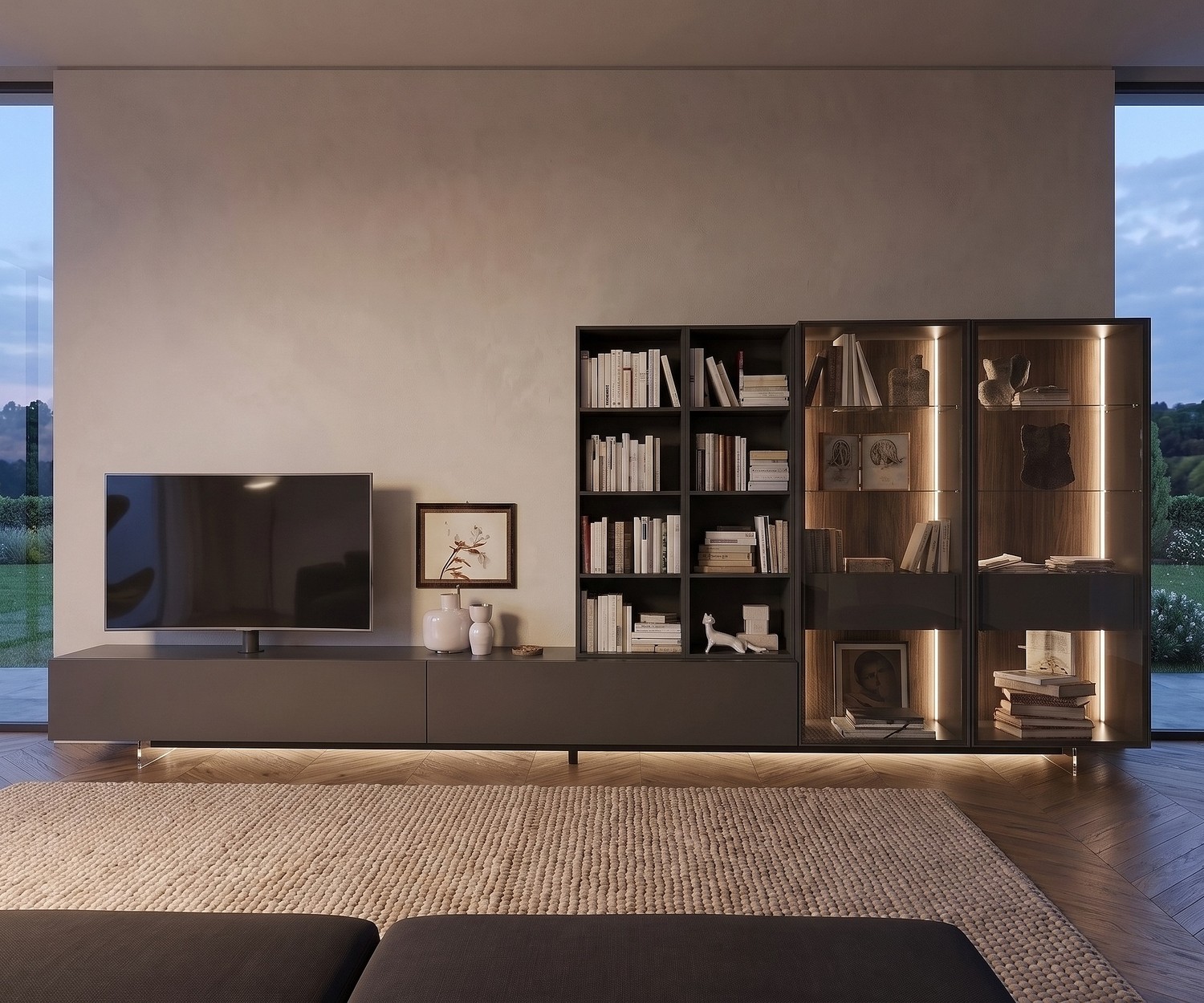 Socle TV transparent Livitalia pour un effet suspendu sous un meuble bas de salon moderne avec éclairage LED.