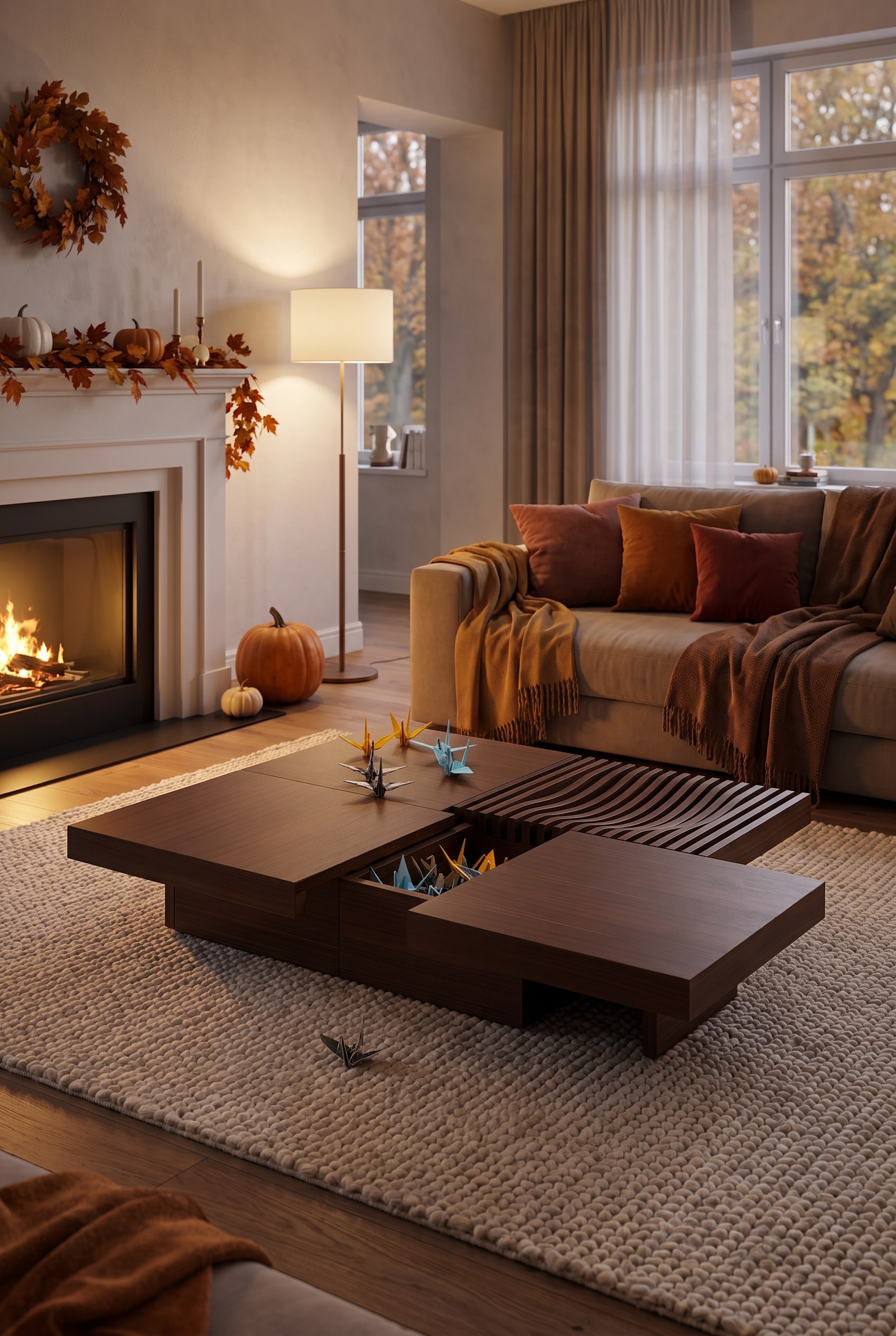 Table basse Conde House Barringer fonc&eacute;e en bois massif comme centre automnal dans un salon moderne et douillet